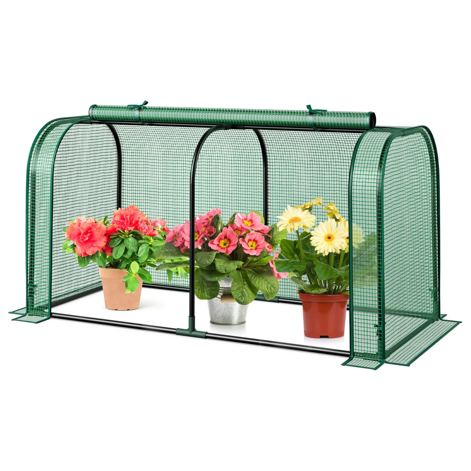En general view of the Happygrill Portable Mini Greenhouse with plants inside, situated in a garden setting.