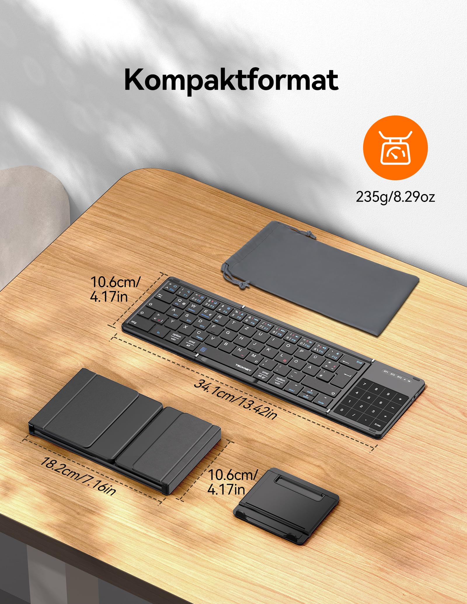 TECKNET Bluetooth Tastatur Faltbare mit Touchpad, QWERTZ Deutsch, Schwarz