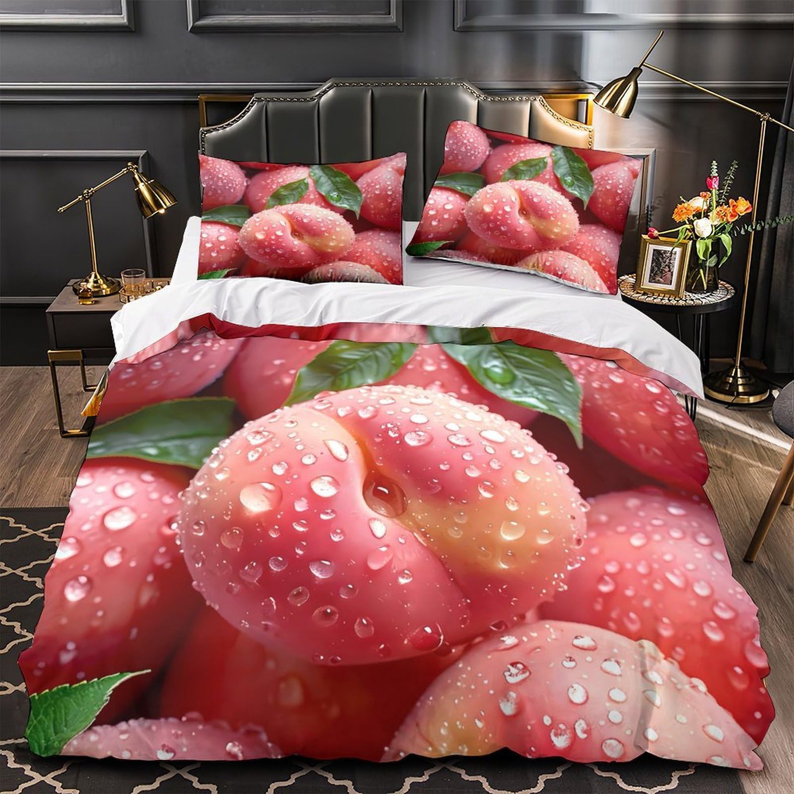 Parure de lit pêches 3D pour une chambre d'adulte fraîche et douce
