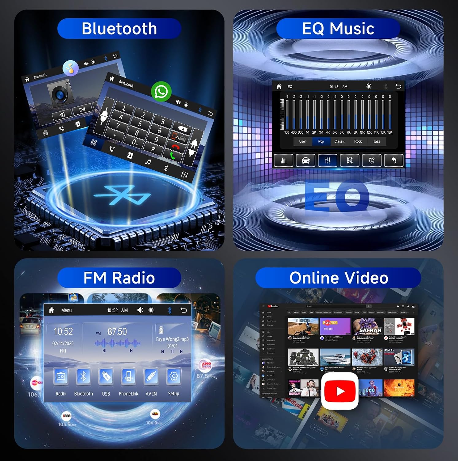 Hodozzy Car Stereo Bluetooth, EQ Music, FM Radio, Online Video Features