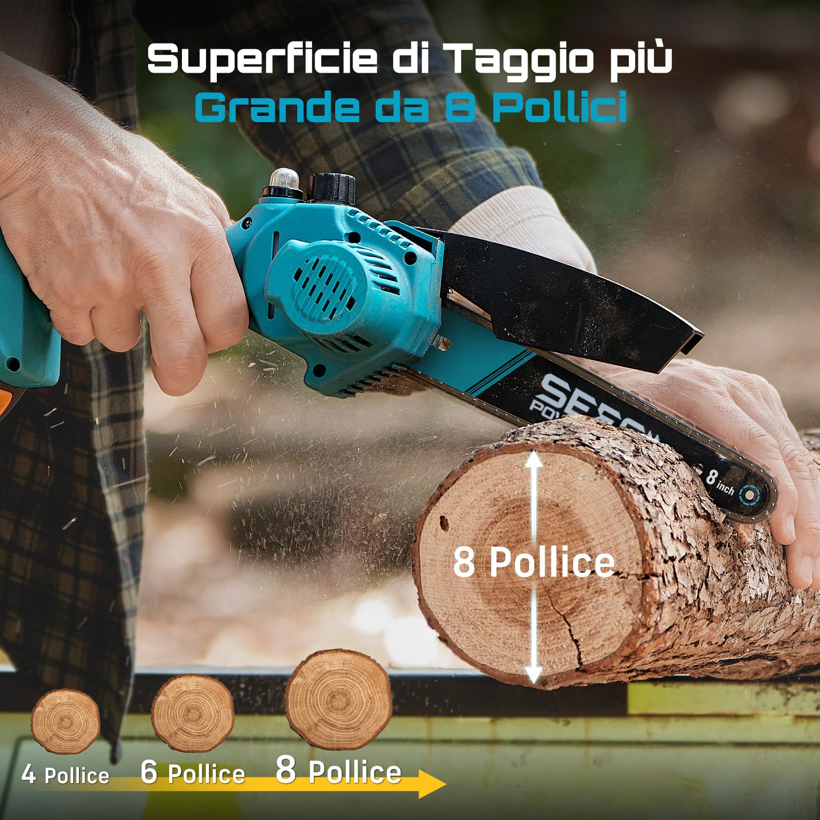 SEESII 8 Pollici Mini Motosega a Batteria 2x4000mAh, Motosega Elettrica con Iniettore Lubrificante e Catena di Ricambio, Sega a Batteria per Potatura Per il Giardinaggio e il Taglio della Legna | Motosega Elettrica Senza Fili con Catena di Sostituzione, M