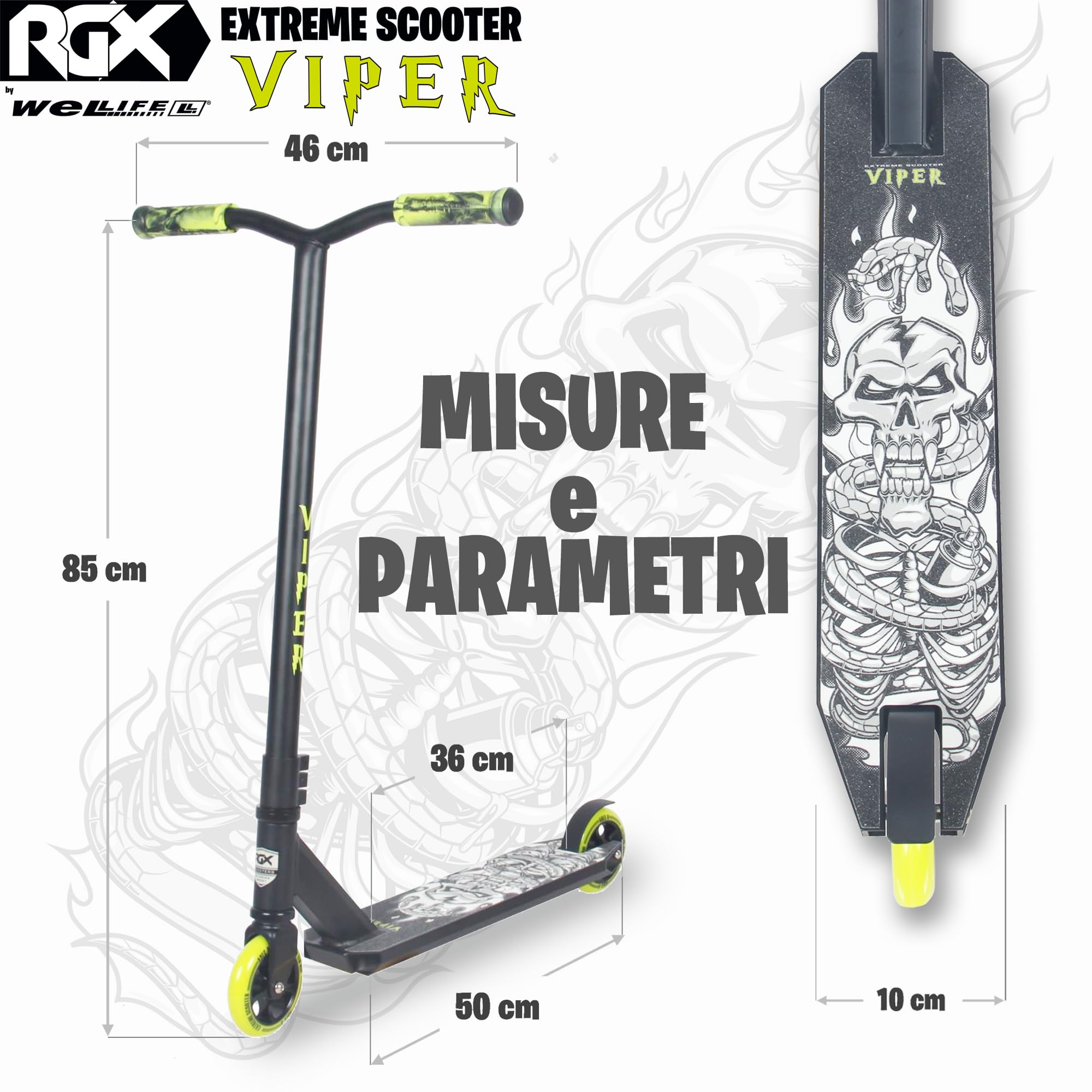 WeLLIFE Monopattini Freestyle Viper RGX – Monopattino Freestyle Professionale, Manubrio HIC System, Ruote PU 110mm e Cerchi in Alluminio, Cuscinetti Abec9, Monopattino Acrobatico per Adulti e Bambini
