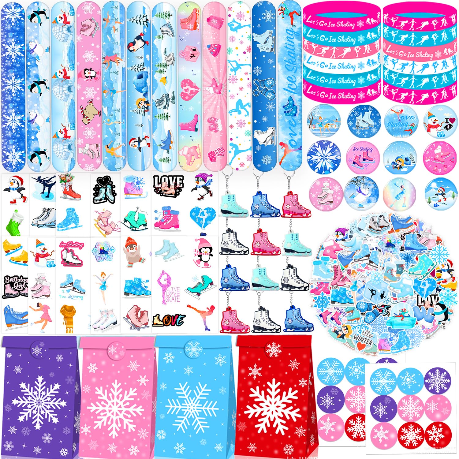 qhqqwzxqc 122PCS Ice Skating Party Favors Include Ice Skating Stickers Slap Bracelets Silicone Wristbands Button Pins Keychains Gift Bags Temporary
