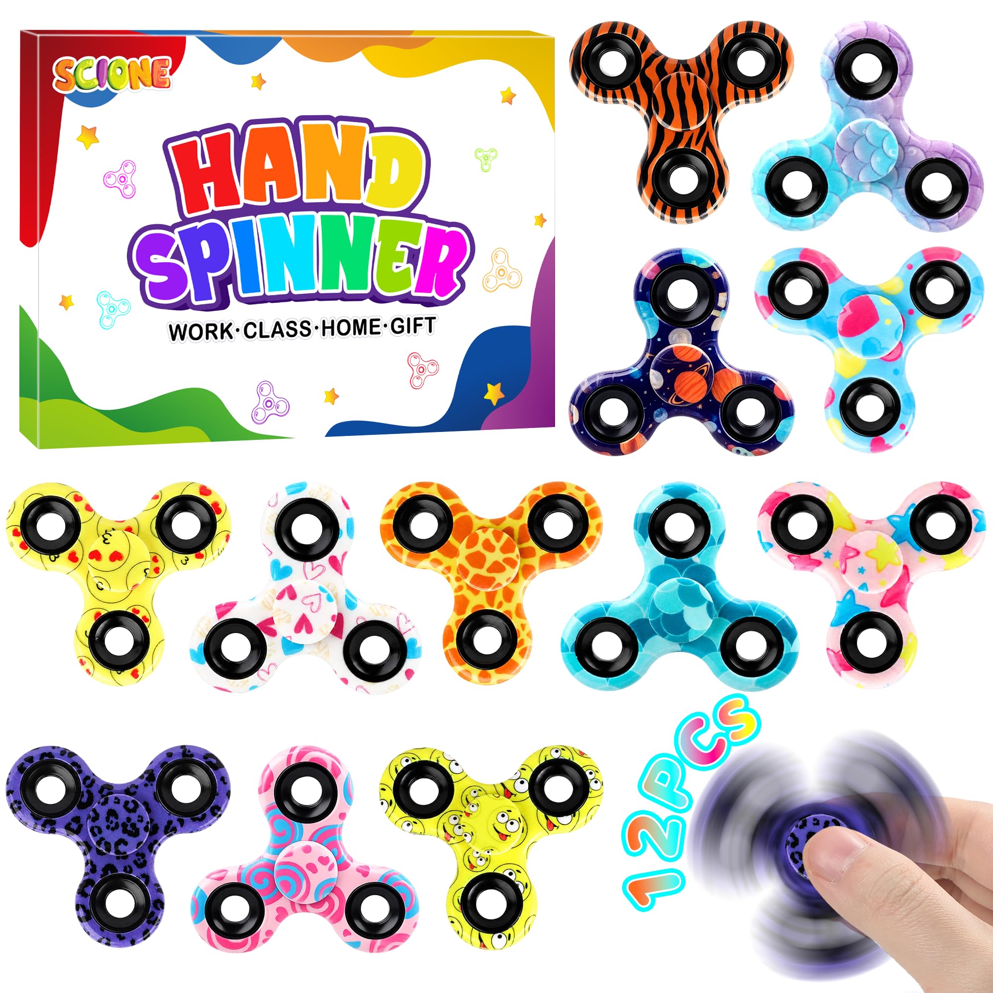 SCIONE [12 Pack] Fidget Spinner Toy Set (2.48 Inch/6.3 cm), Bulk Stocking Fillers & Party Bag Fillers for Kids, High Speed Sensory Fidget Toys for Focus, Small Birthday Gifts, Prizes for Boys Girls