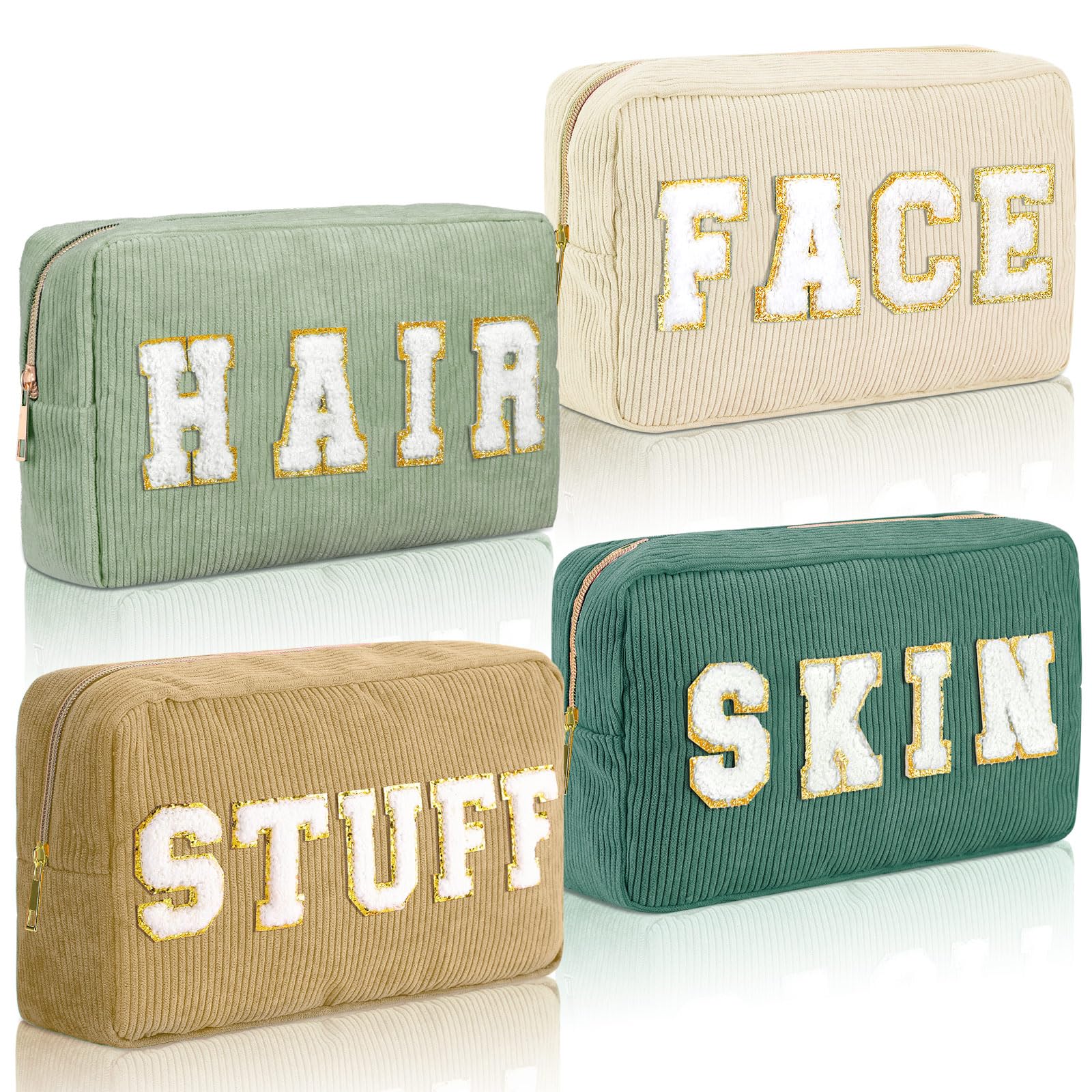 Pinkunn 4 Pcs Preppy Makeup Bags Chenille Letter Travel Organizer Face Skin Hair Stuff Corduroy Cosmetic Hygiene Toiletry Pouch with Zipper Wedding