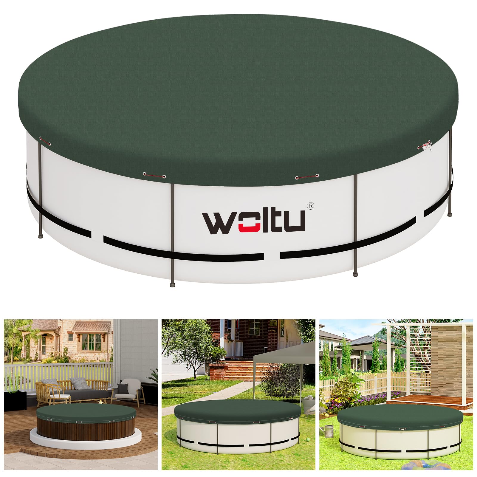 WOLTU Cobertor Piscina Redonda Ø 305 cm, Lona Cubierta de Diámetro 244-270 cm, PE 200 g/m², Impermeable y Opaco con Ojas y Cuerda de Fijación, Gris Oscuro — view 11