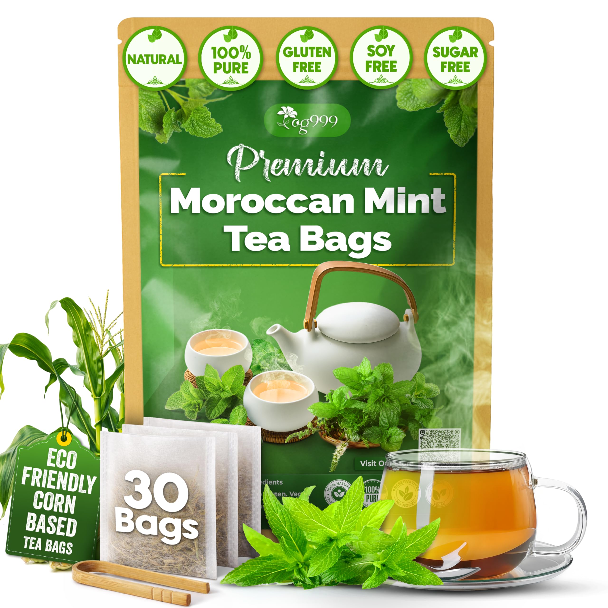 TOG999 Moroccan Mint Tea Bags, Spearmint Green Tea, Gluten-Free, 30 Count Moroccan Mint 30 Count