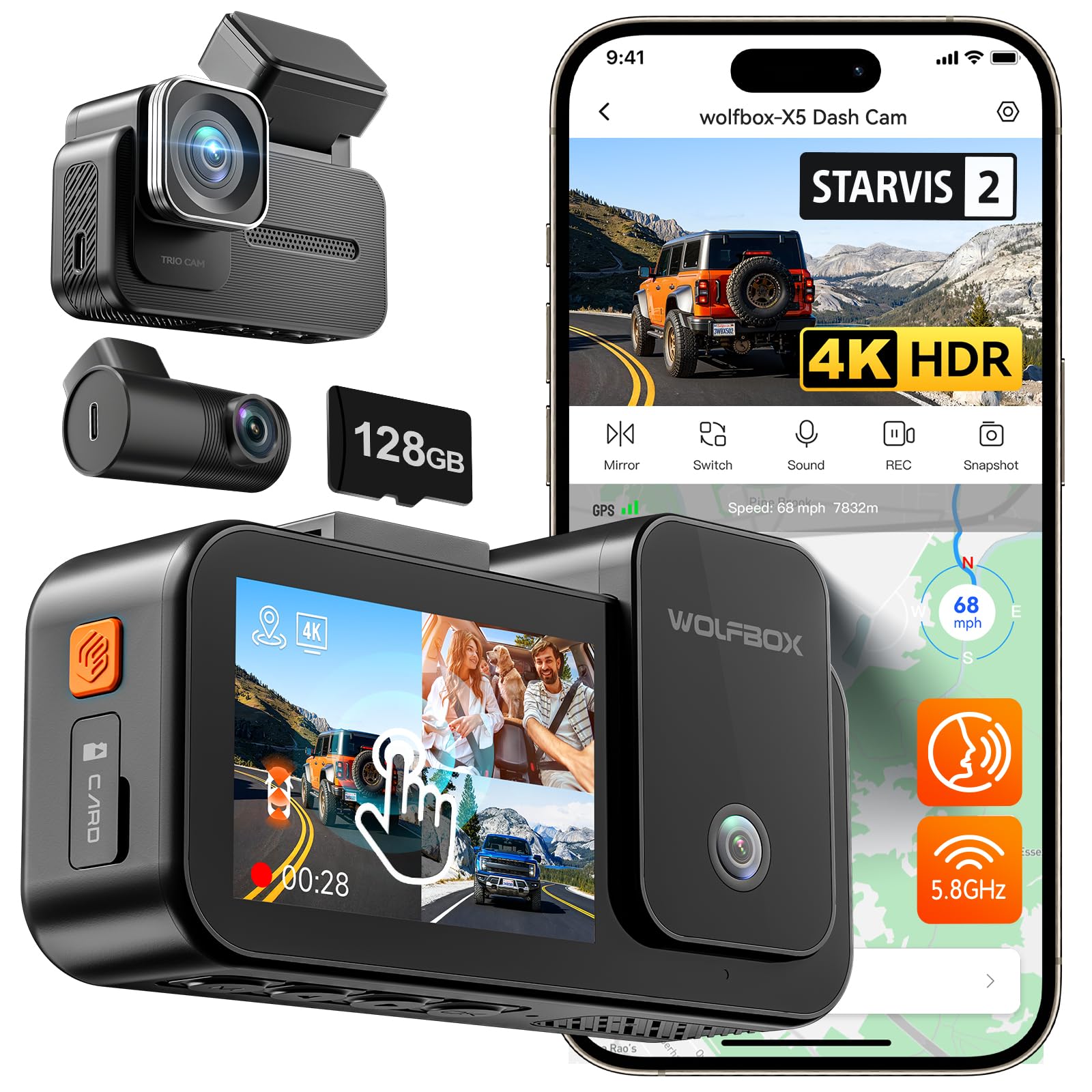 WOLFBOX X5 3 Channel 4K HDR Dash Cam STARVIS 2 IMX678 8MP Night Vision 4K 2 5K 1080P