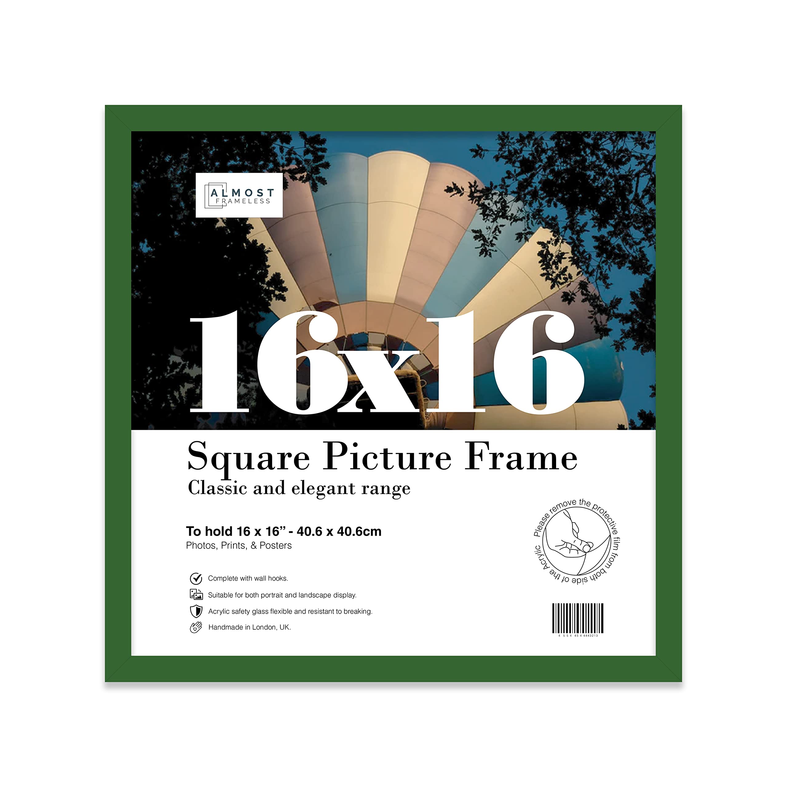 16x16 Inch Green Square Thin Photo Frame Wall Mountable Thin Picture Frame Standard Square Photograph Size, 16" X 16"(40.6 X 40.6cm)