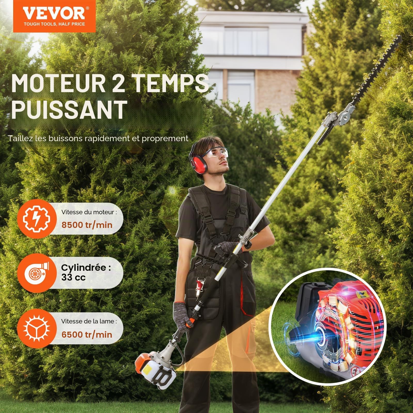 VEVOR Taille-haie à gaz 33 CC 6 en 1, Outils de Coupe Multifonctionnel, Moteur Deux Temps, scie à Perche, tronçonneuse avec rallonge