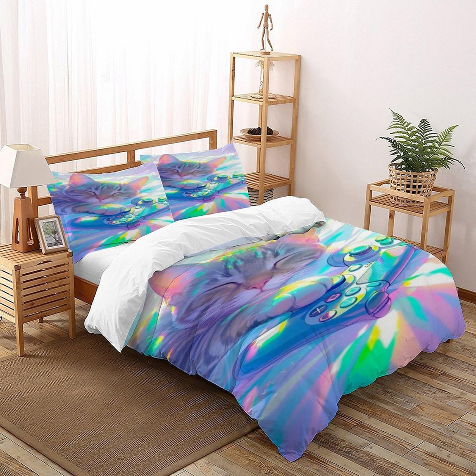Housse de couette 3D chat manette linge de lit microfibre 260x220 imprimé animal