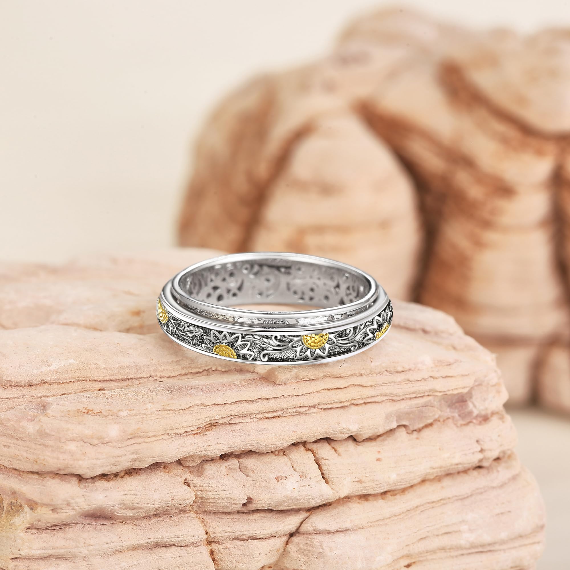 Anillo giratorio de girasol de plata de ley con flores para aliviar el estrés para mujeres, regalo para mujeres