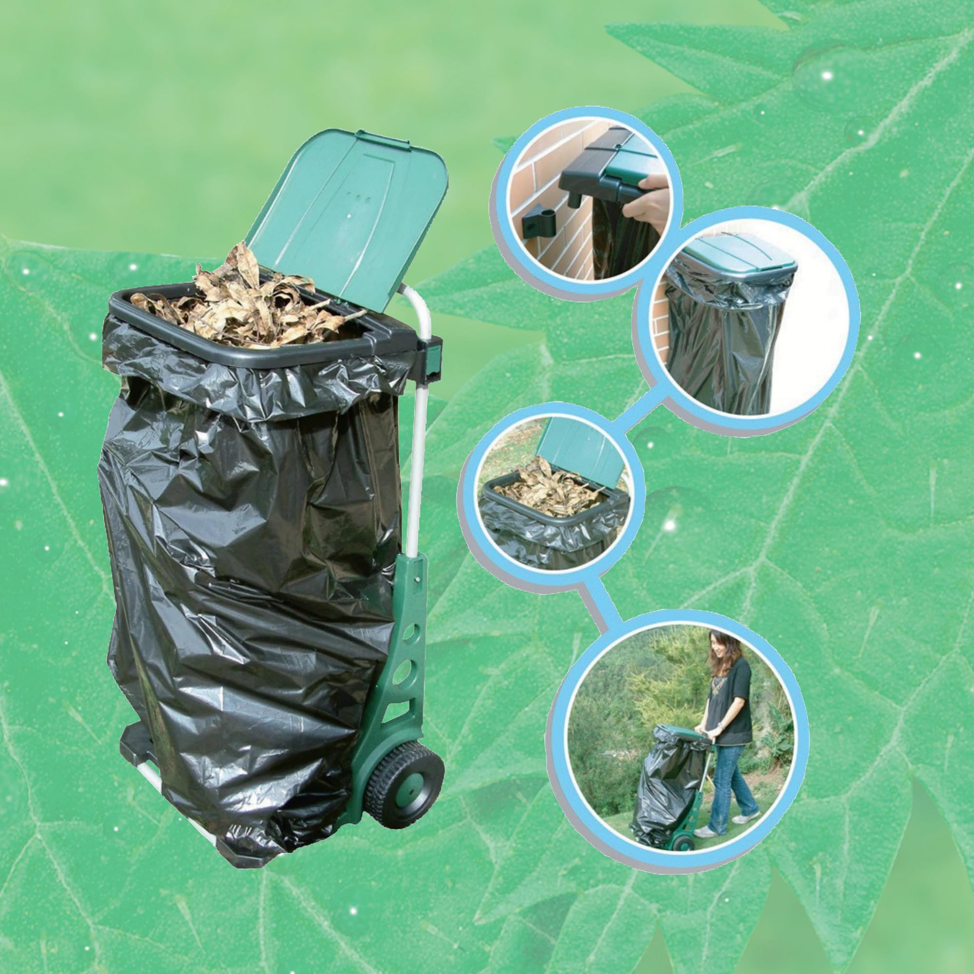 Riegolux 755061 – Carro Saco Jardín | Carrito recolector de jardín con bolsa plástica resistente | Ruedas robustas para césped, residuos y hojas | Accesorio de jardinería