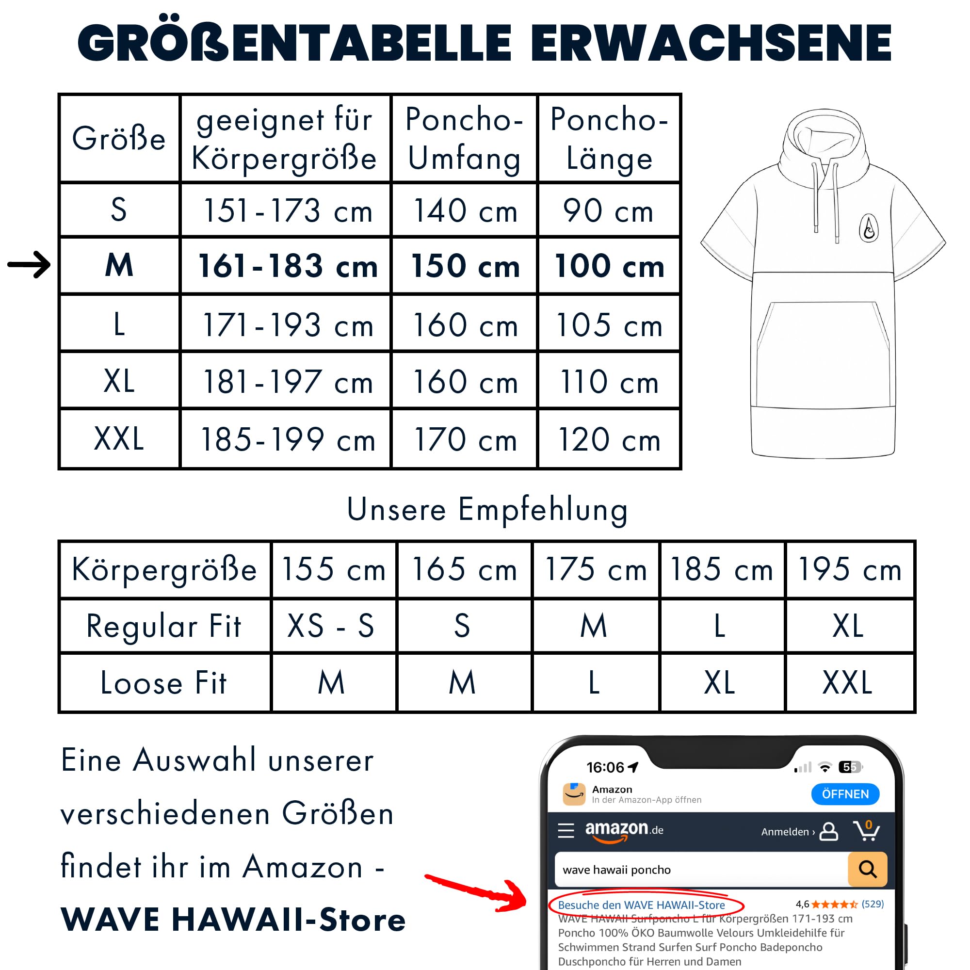 WAVE HAWAII ZIP-Surfponcho für Körpergrößen von 161-183 cm aus 100% ÖKO Baumwolle Umkleidehilfe für Schwimmen Strand Surfen Duschponcho Surf Poncho für Damen Herren Erwachsene