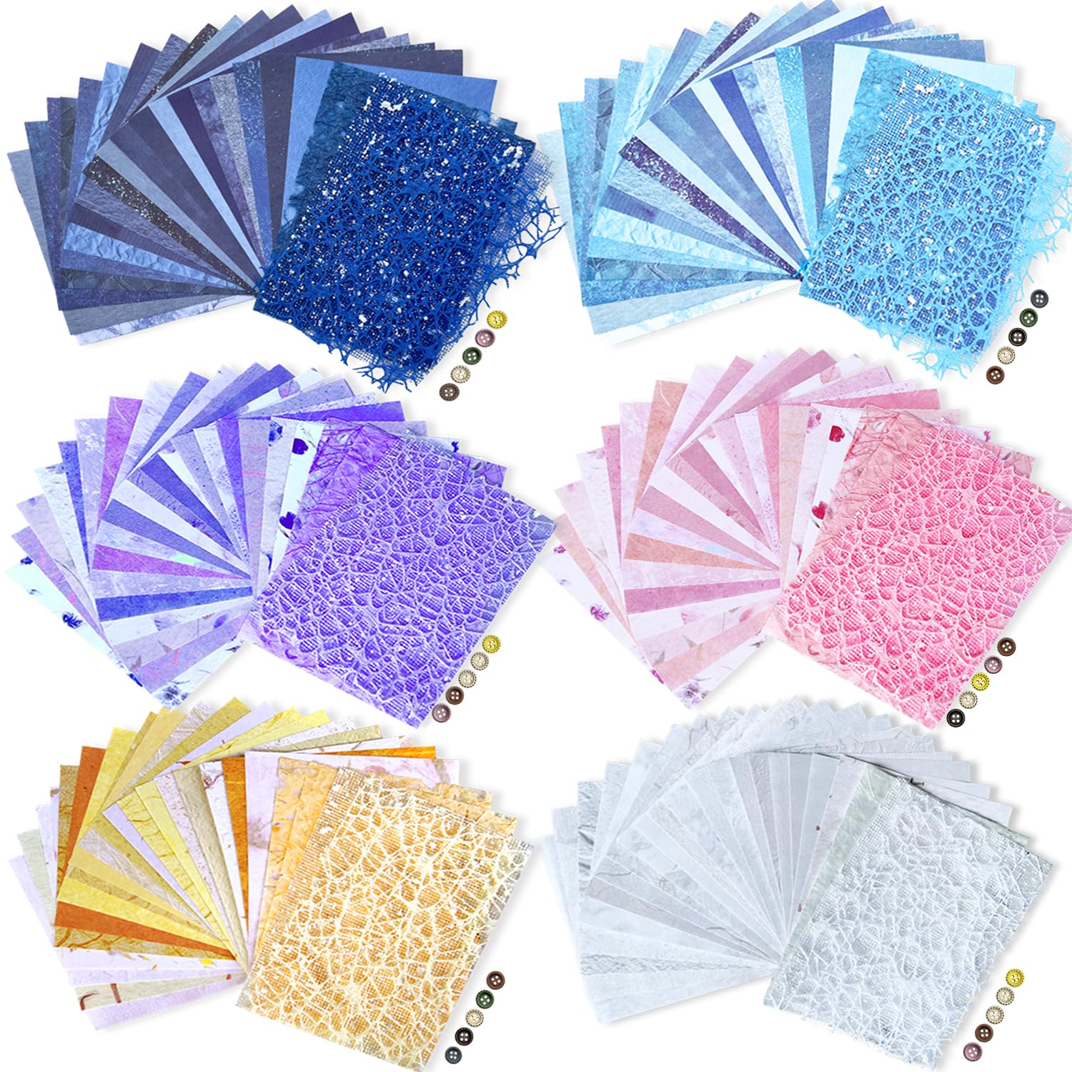 156 Sheets Textured Scrapbook Paper & Mesh Assorted Set with 30 Buttons