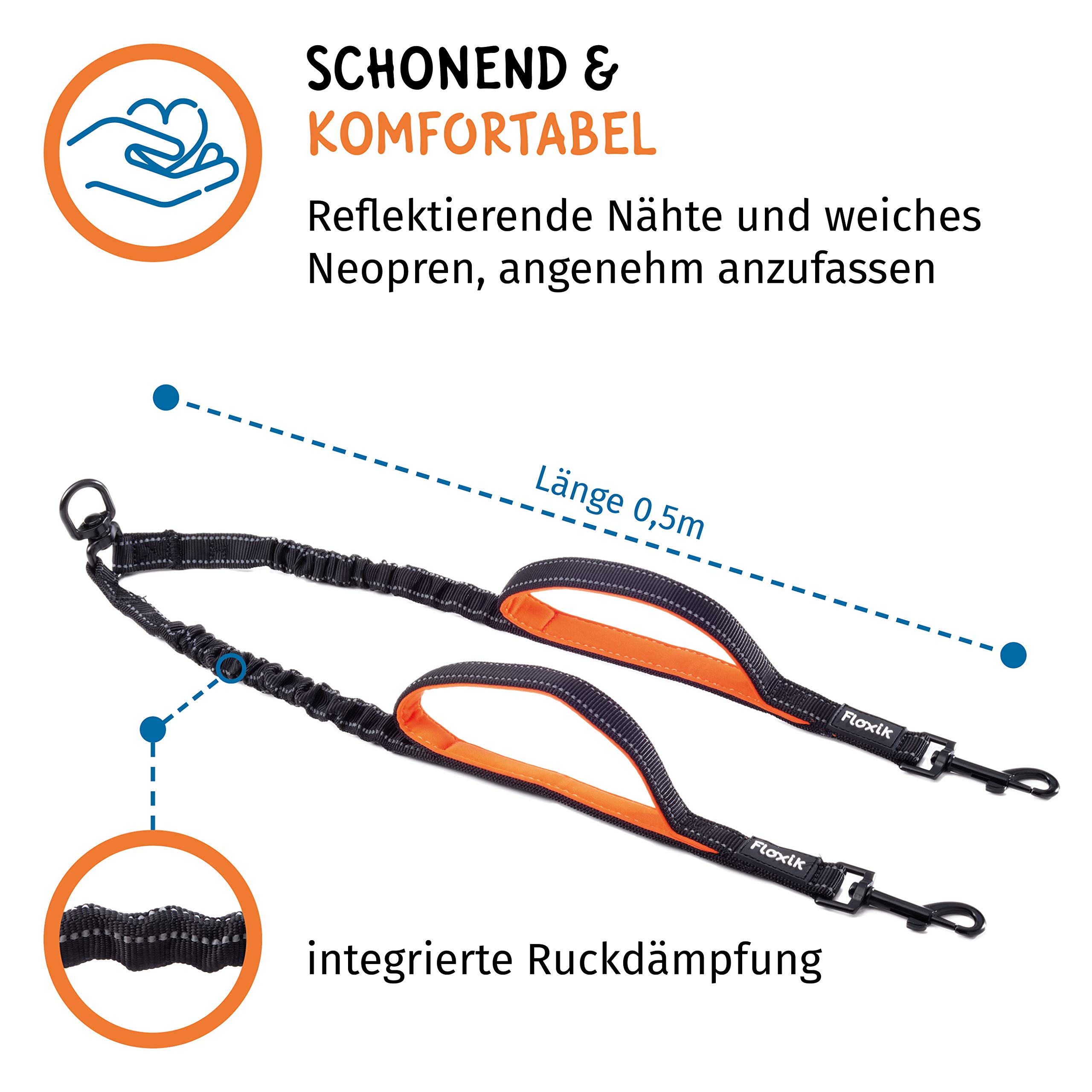 Floxik Doppelleine klein | Flexible, reflektierende Premium Hundeleine für Zwei Hunde zum Koppeln mit Kurzhalter Schwarz