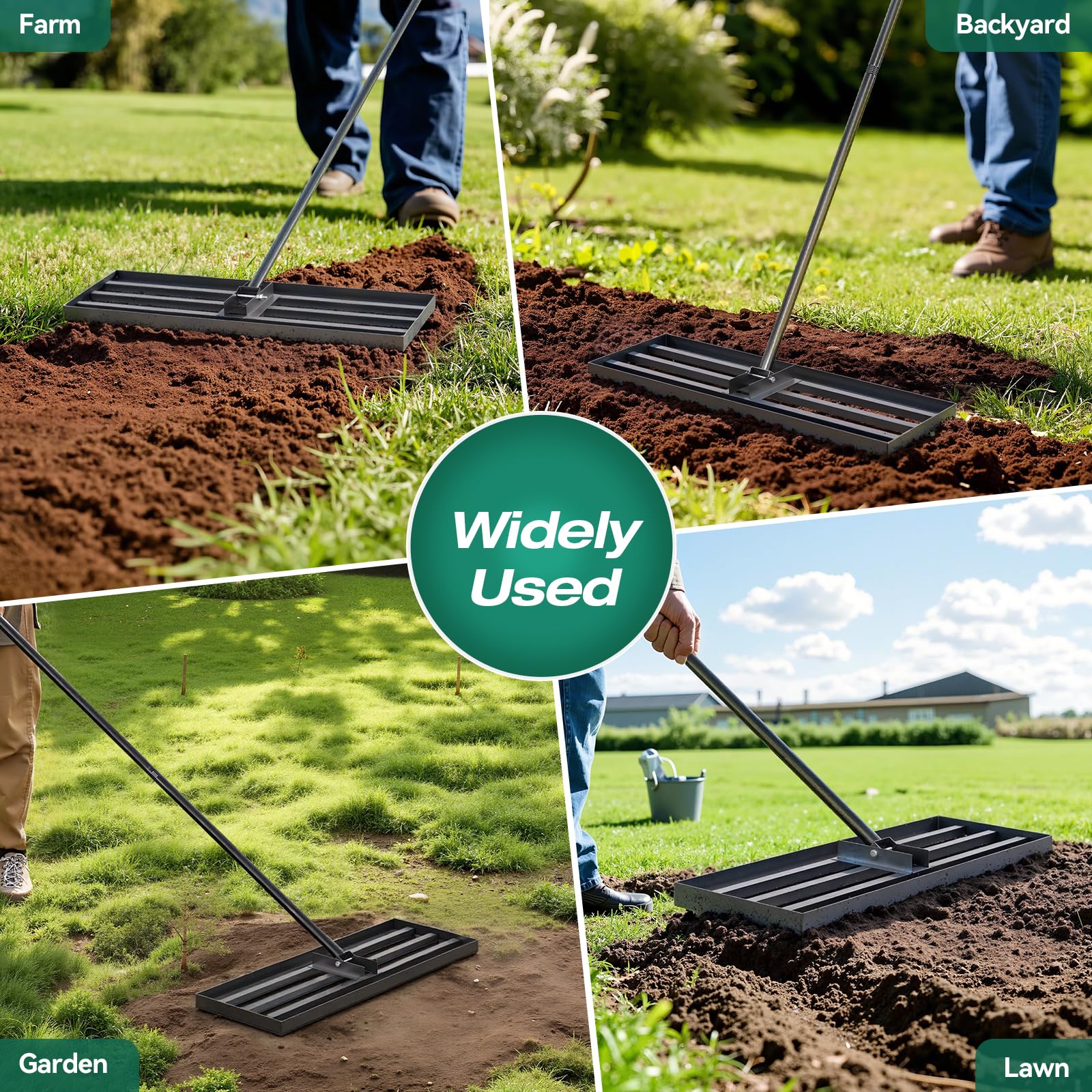 Warmiehomy Rastrillo de jardín de 76 x 25 cm, rastrillo de hojas para jardinería con mango ajustable de 213 cm, herramienta de nivelación de césped resistente para ahorrar esfuerzo, nivelador de patio