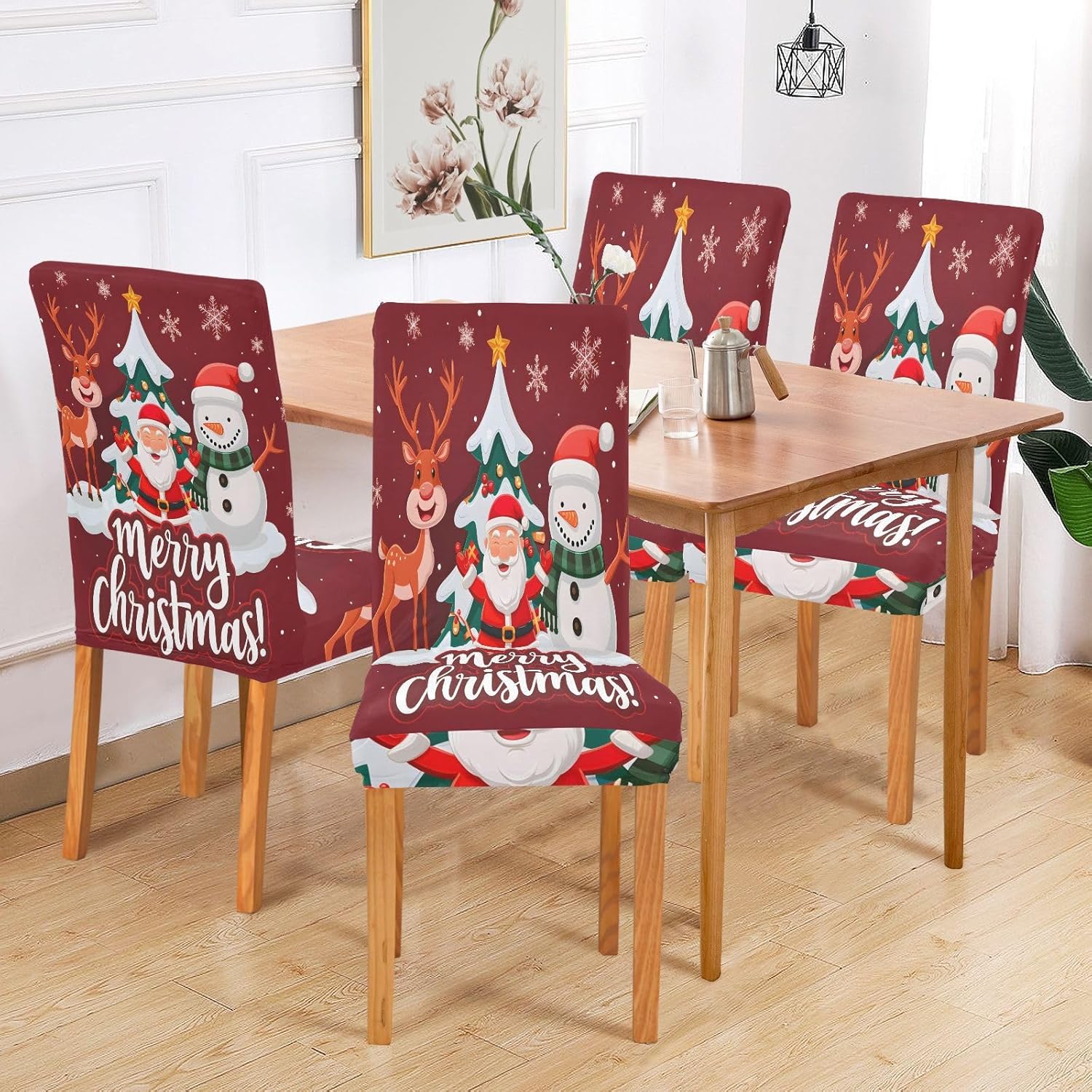 ALAZA Chair Covers for Dining Room, Christmas Santa Claus Reindeer Snowm Stretch Chair Cover Sets Chair Protector Removable Washable for Ktichen Restaurant Hotel