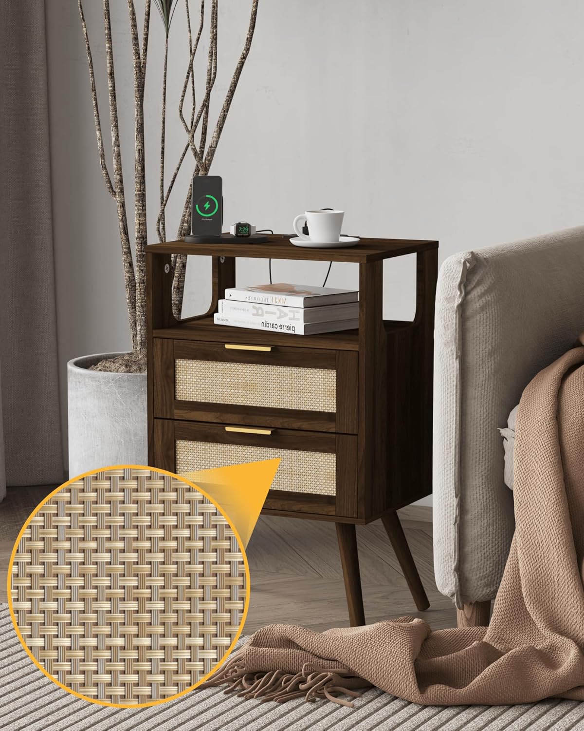 Rattan Nightstand with Charging Station,Modern Bedside Table with 2 Storage Drawer and Open Wood Shelf, for Bedroom and Small Spaces,Night Stand with Solid Wood Legs (Walnut Brown) - Image 5