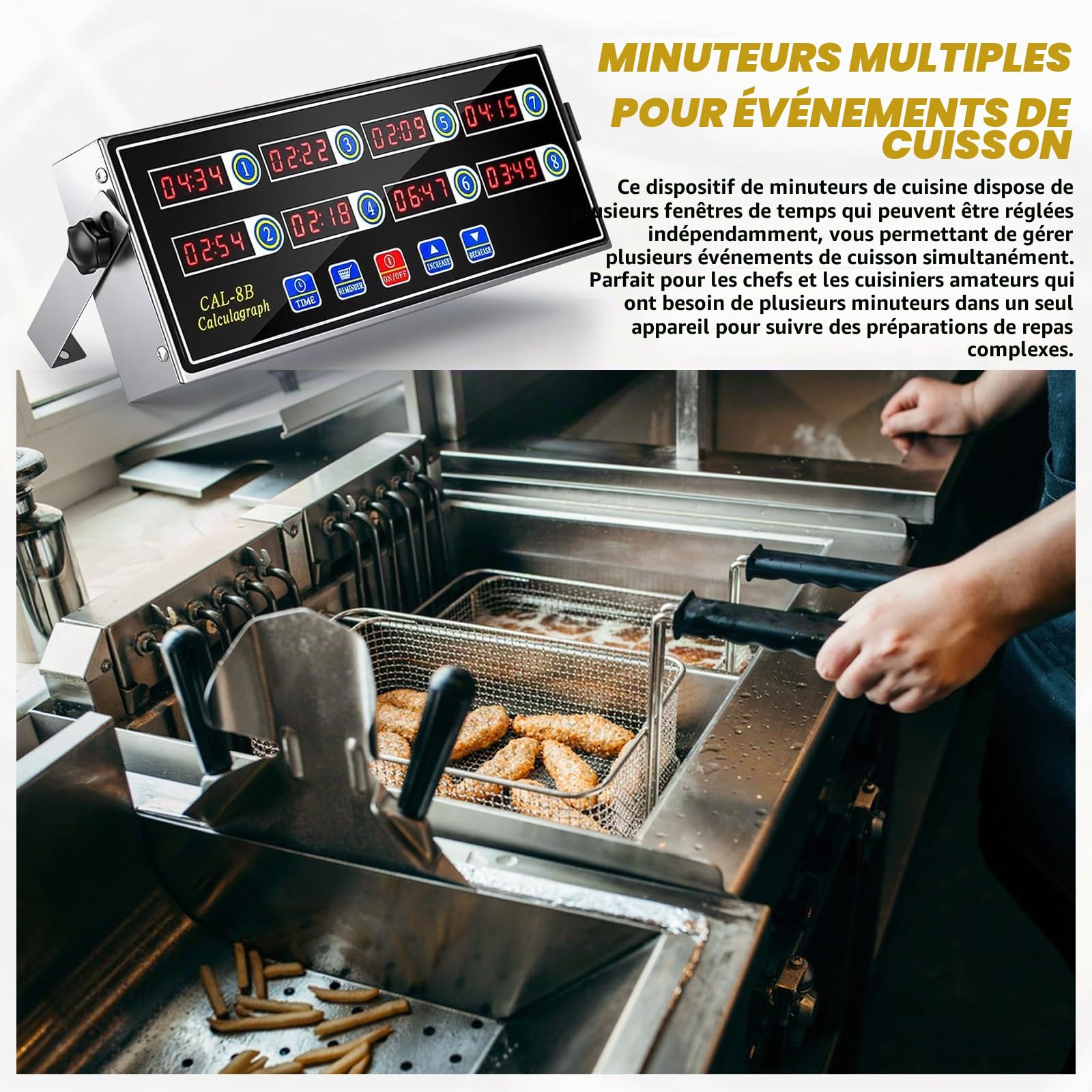 Temporizador de cuisine commercial à 8 canaux, minuteur de cuisine numérique, rappel de friteuse, cuisson, salle à manger, avec sonnerie de volume réglable, acier inoxydable pour restaurant, maison