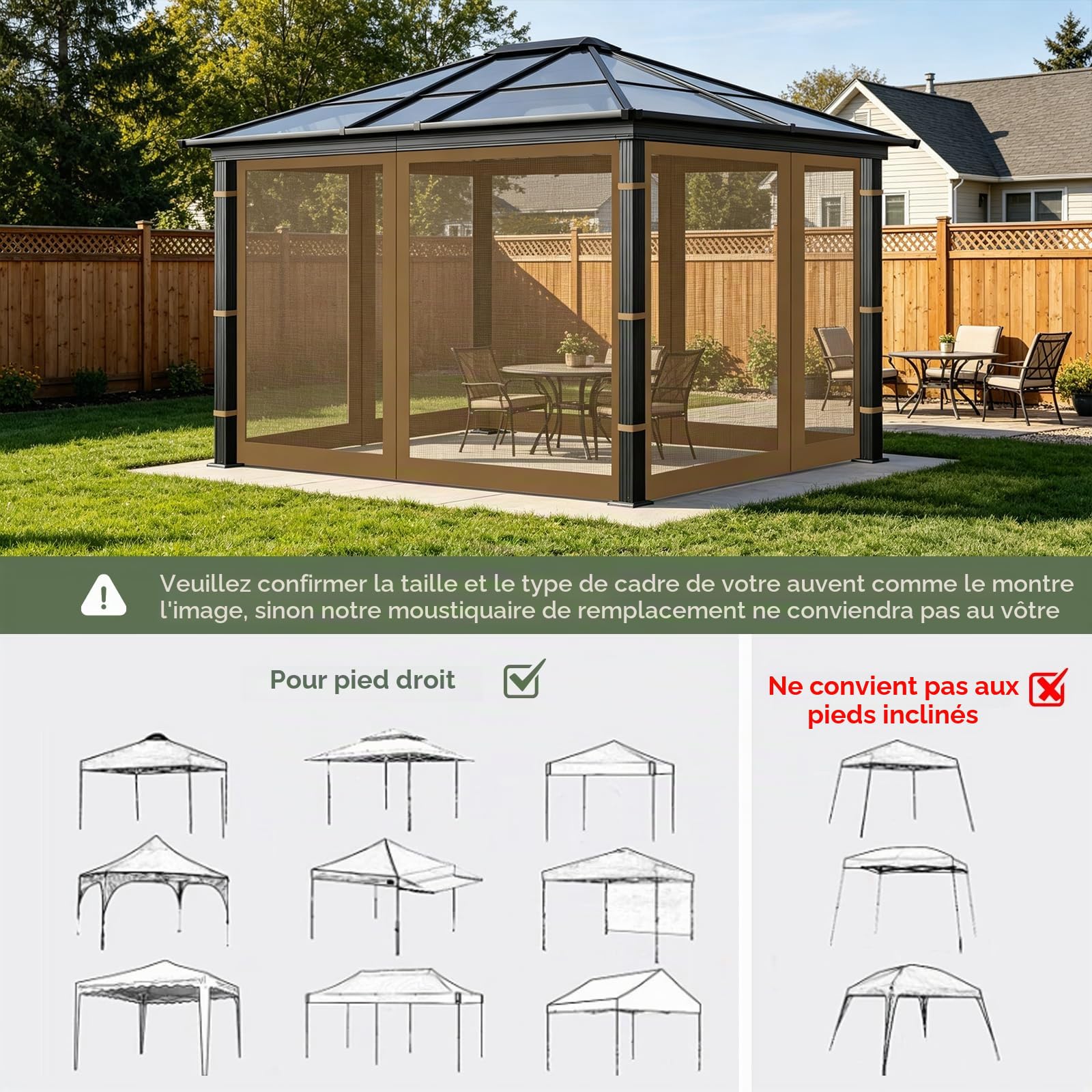 Moskitonetz für Pavillon 3x3m mit Reißverschluss – Wasserdichte 4 Seitenwände für 10x10FT für Garten, Terrasse, Camping, Kaki