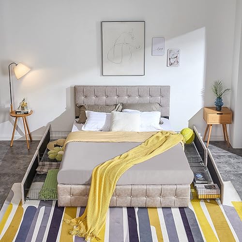 Anwickhomk Base de cama de plataforma tapizada tamaño Queen con 4 cajones de almacenamiento y cabecera ajustable, base de colchón tapizada de
