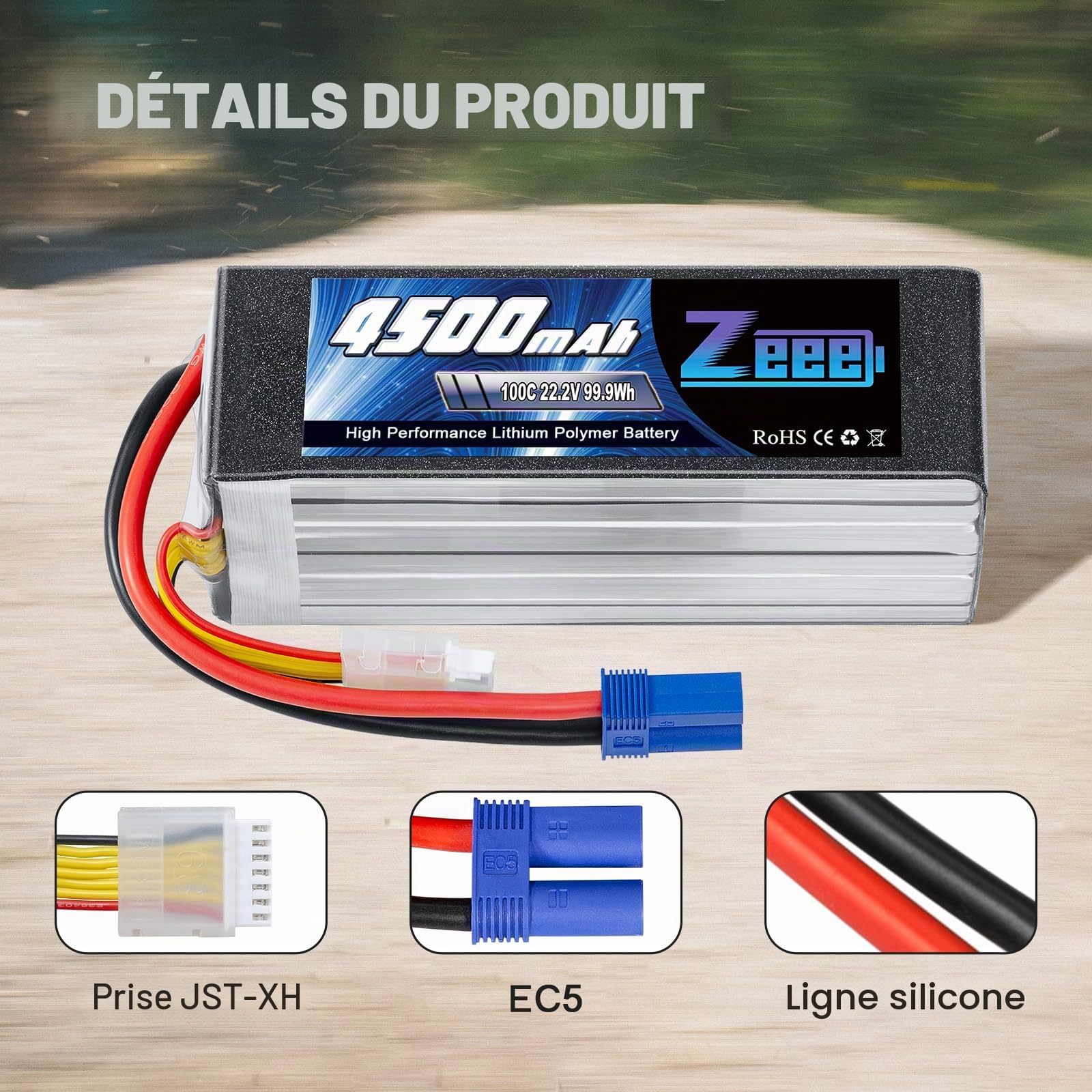 Zeee 6S Lipo Batterie 22,2V 100C 4500mAh RC Batterie avec Prise EC5 pour Avion RC hélicoptère RC Voiture Drohne Racing Hobby