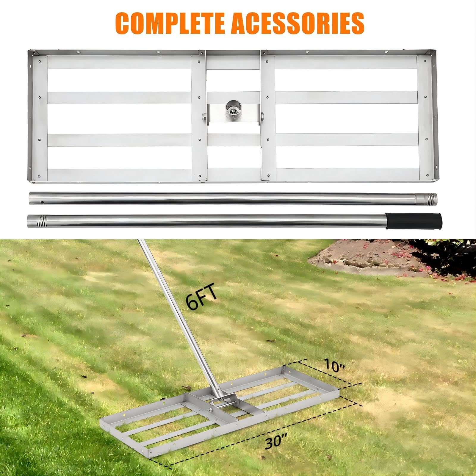 Rastrello livellatore per prato da 6 piedi, rastrello da giardino da 30"x10", rastrelli da giardino in acciaio inossidabile con manico lungo girevole flessibile a 180°, facile da montare, rastrello
