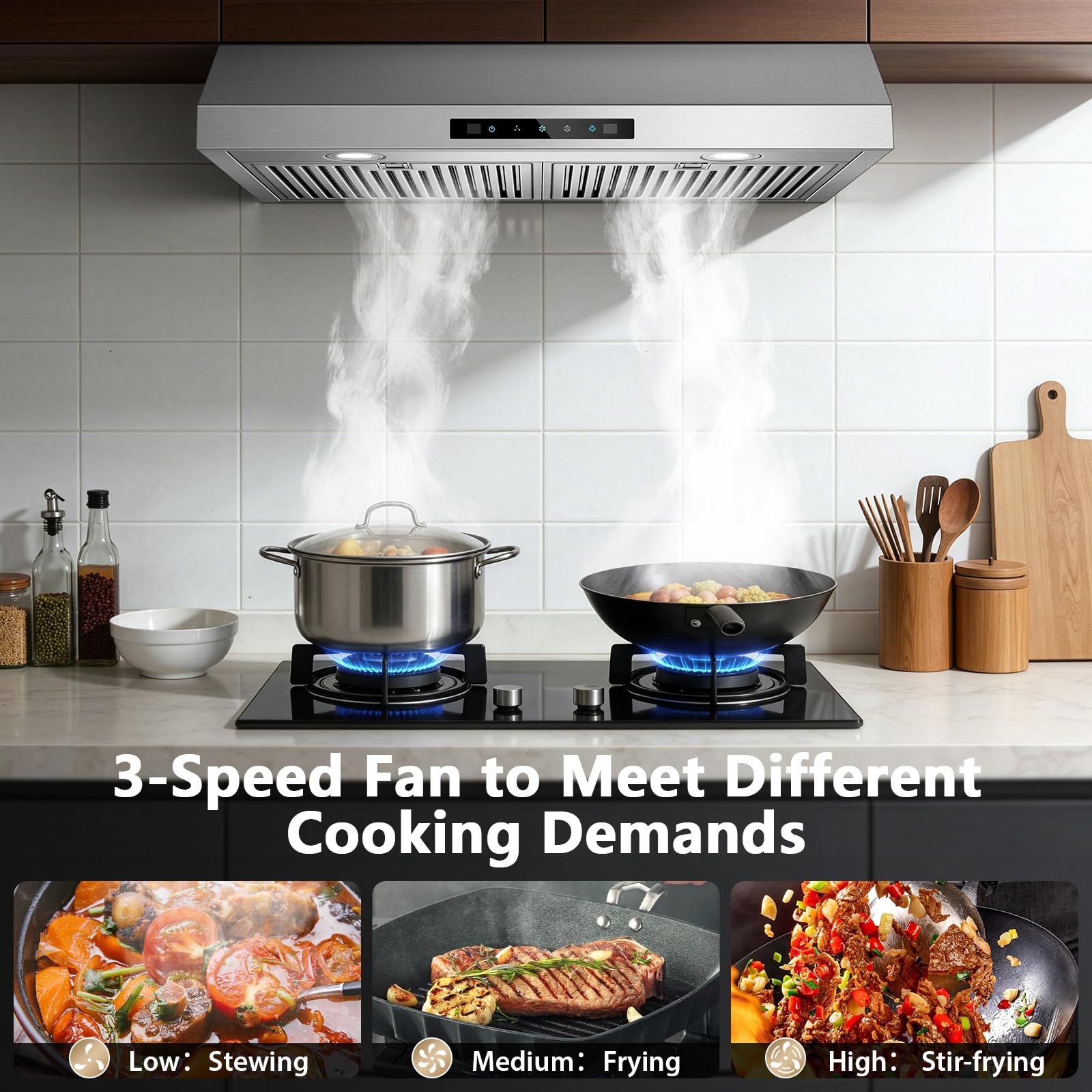 Range Hood 30 inch Under Cabinet, 800 CFM Stainless Steel Range Hood with Gesture and Touch Control, kitchen hood with Carbon Filter, 3 Fan Speed, Ducted/Ductless Convertible - 4