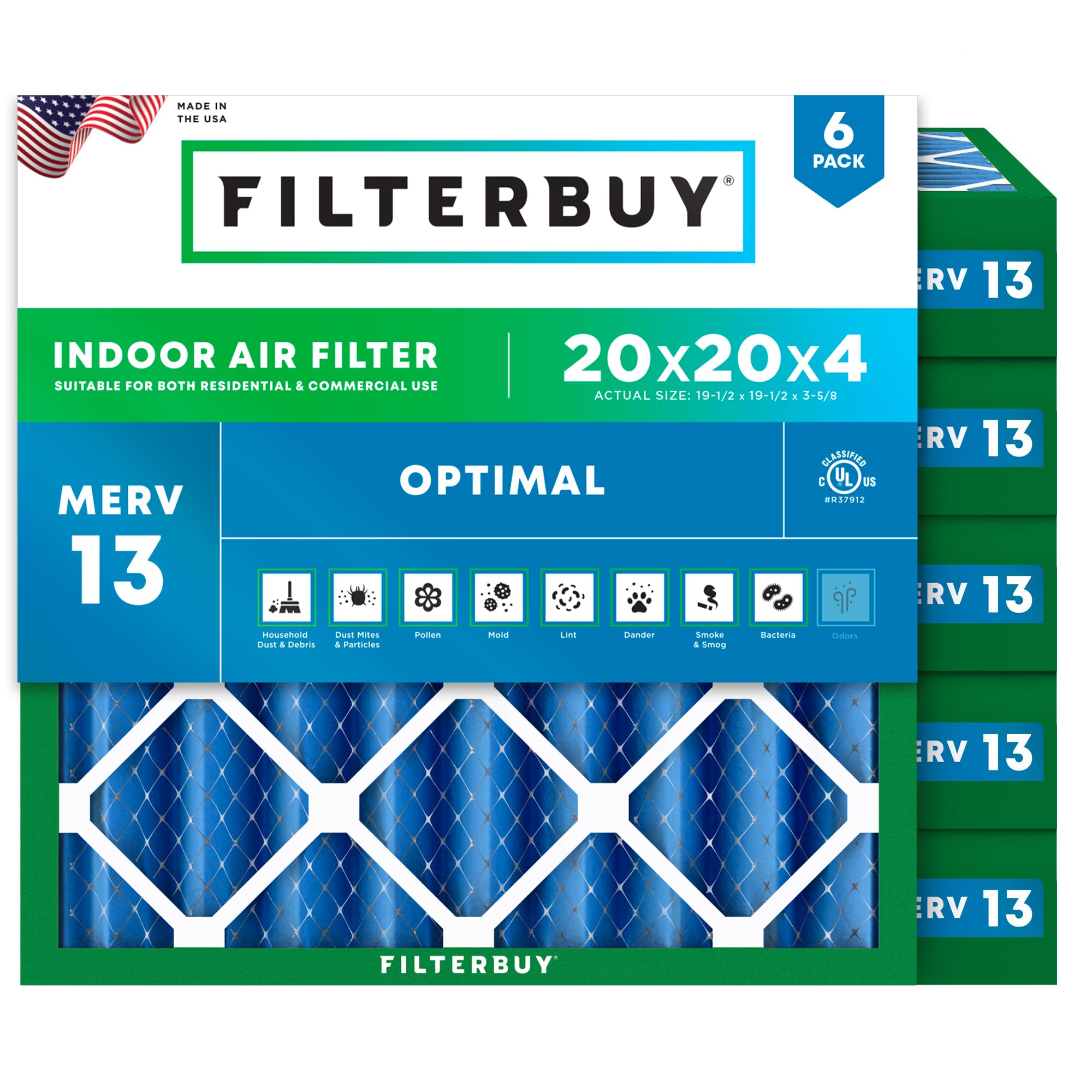 Filterbuy 20x20x4 Air Filter MERV 13 Smoke &amp; Allergy Defense (6-Pack)
