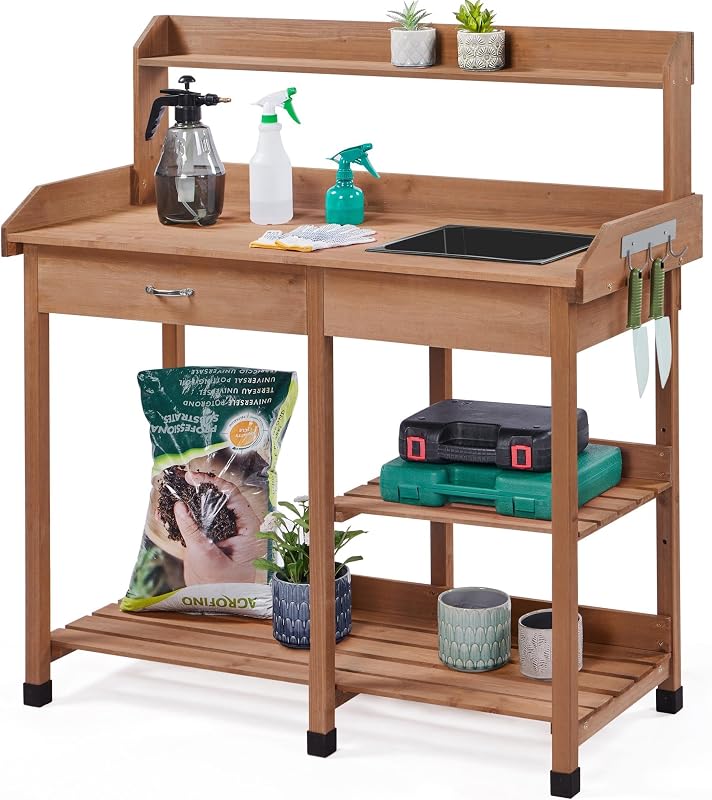 Yaheetech Potting Bench with Sink & Drawer, Outdoor Gardening Table, Brown | Fir wood planting table with 132 lb weight capacity, basin, storage drawer, shelves and hooks keeps pots and tools organized.
