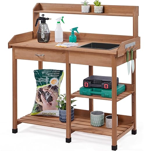 Yaheetech Potting Bench Outdoor Garden Work Bench Station Planting Solid Wood Construction for Horticulture w/Sink Drawer Rack Shelves Brown