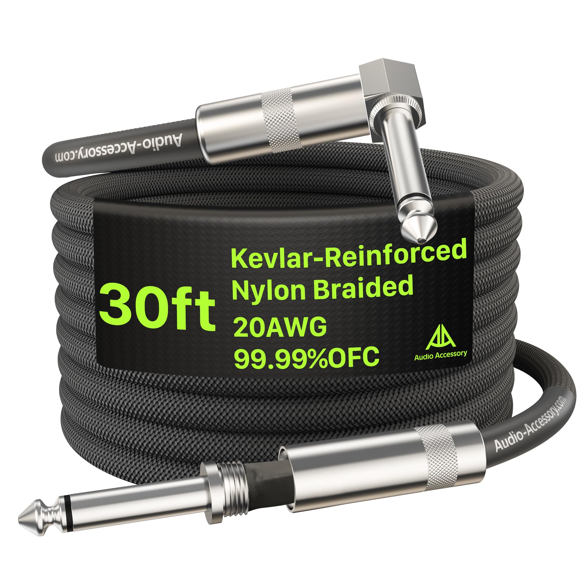 AA AUDIO ACCESSORY Cable de instrumento de 1/4 de 30 pies, 20 AWG, 99.99% OFC, imprescindible para cable largo de guitarra, nailon trenzado antitorceduras, reforzado con Kevlar, cable de amplificador