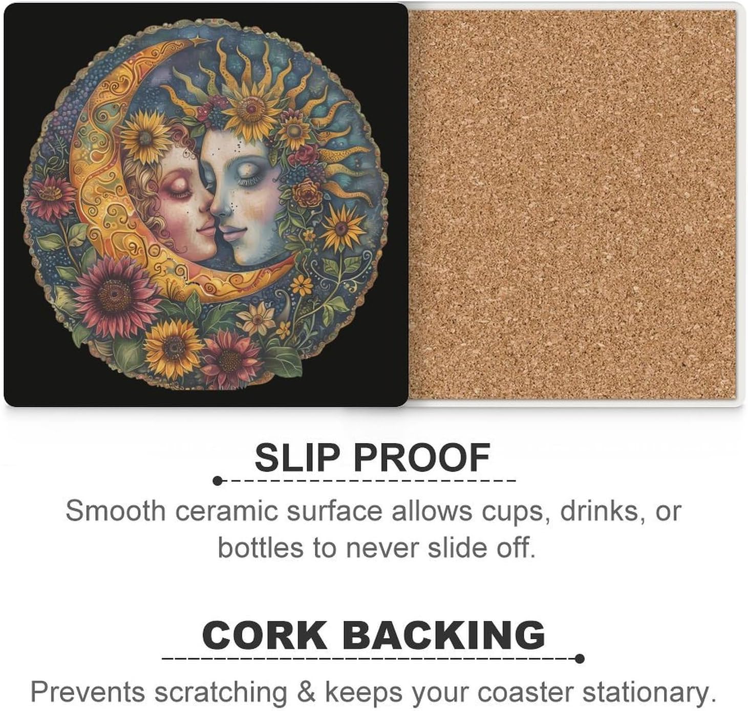 Sun Moon Coaster for Drinks Square Ceramic Table Coasters Stone Mat Crafts 6PCS Home Kitchen Decor