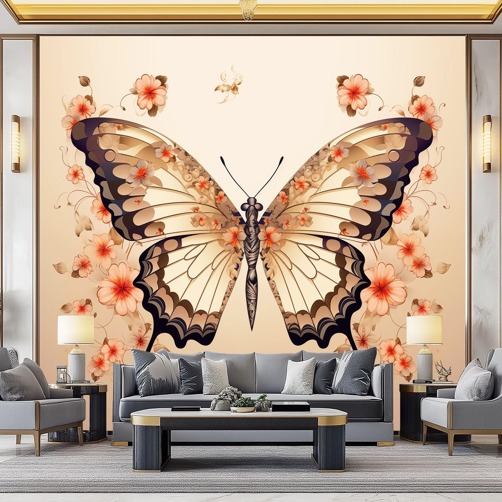 Carta da parati vintage con animali, farfalle e fiori, simmetria, 400 x 280 cm (larghezza x altezza), stampa artistica di alta qualità, poster decorativo per soggiorno e camera da letto
