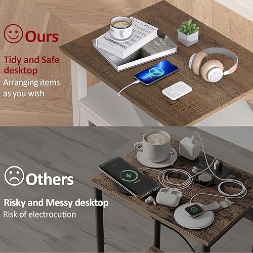 Miniatura 6 de HIFYOBRO Mesa auxiliar blanca de 24 pulgadas de alto con estación de carga, estante ajustable y almacenamiento, mesa auxiliar grande de 21 pulgadas,