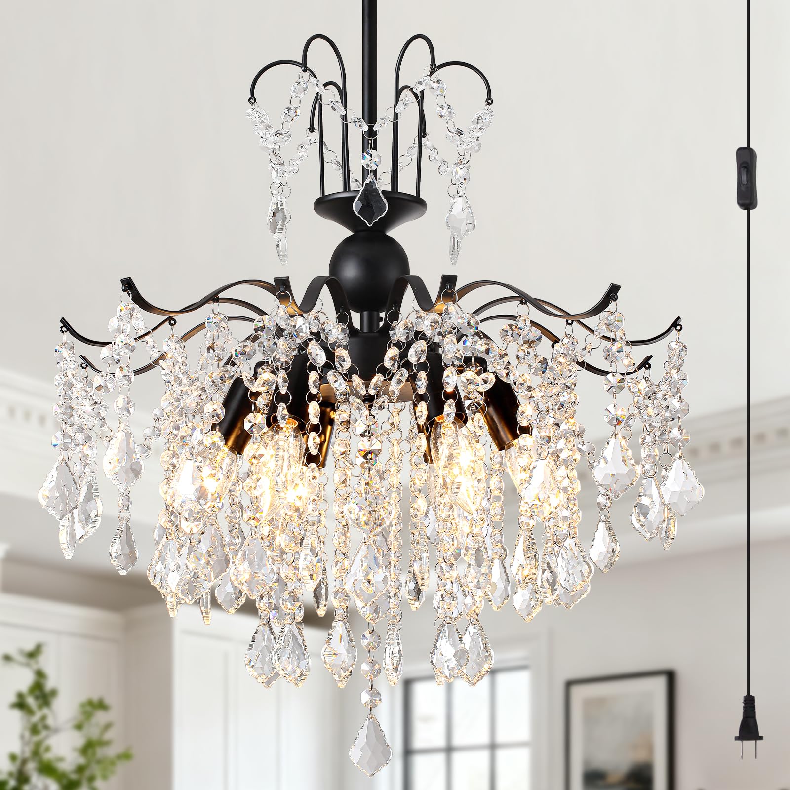 Plug in Chandelier for Dining Room Light Fixture 6-Light Black Crystal