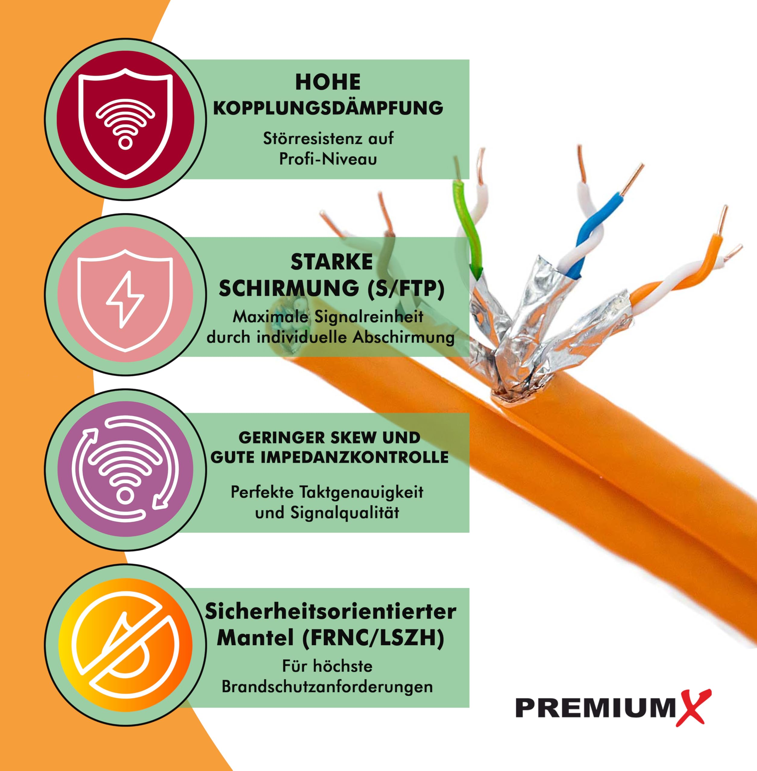 PremiumX Kabel sieciowy CAT 7, 20 m, LAN, Duplex, miedziany, kabel do transmisji danych, S/FTP, PiMF, PoE, Eca Cat7, kabel instalacyjny do bezproblemowej instalacji