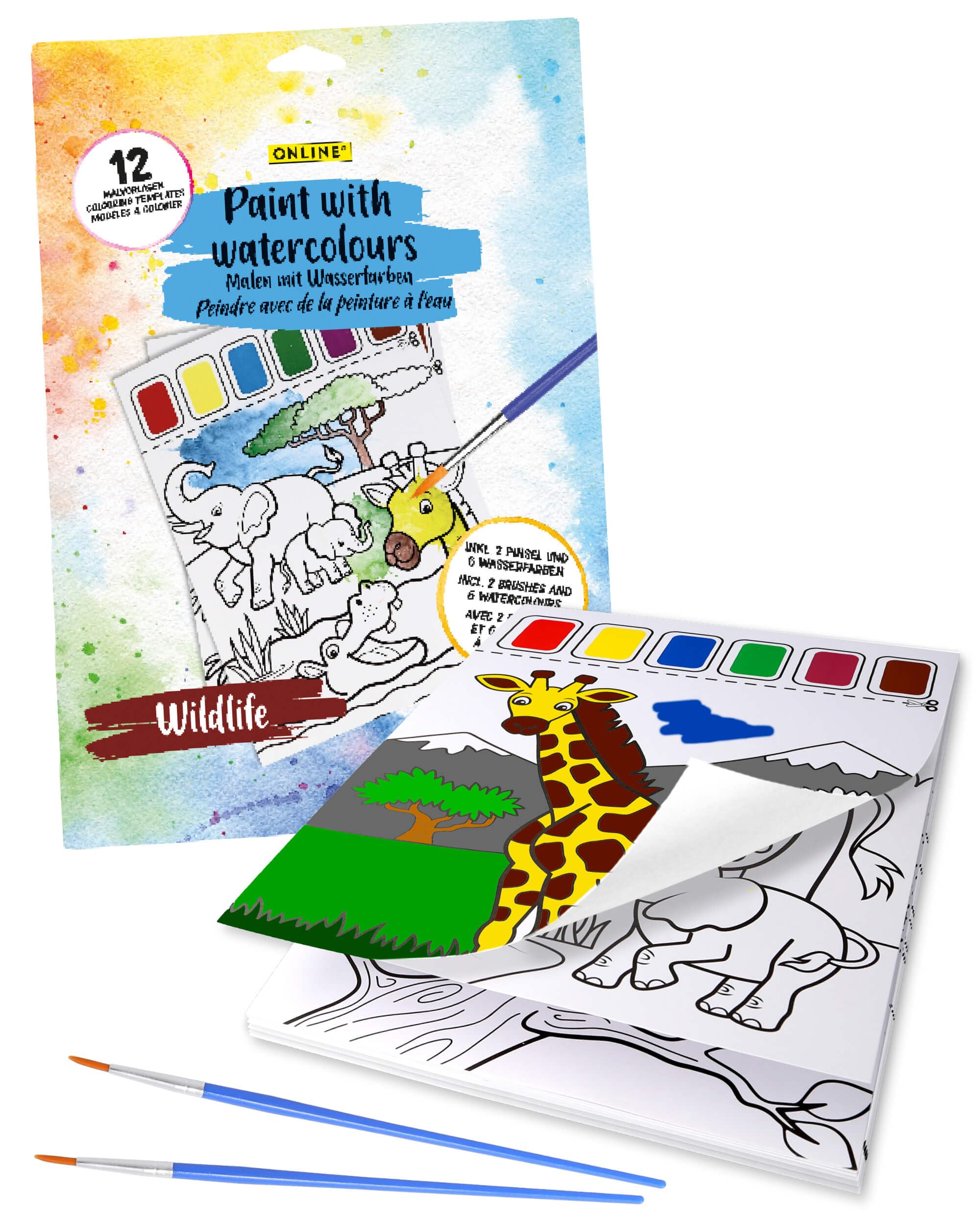 Online Bloc de pintura con acuarela para niños, papel de acuarela con pinturas y pinceles, 12 diseños diferentes de vida silvestre, libro para colorear acuarela, libro para colorear para niños