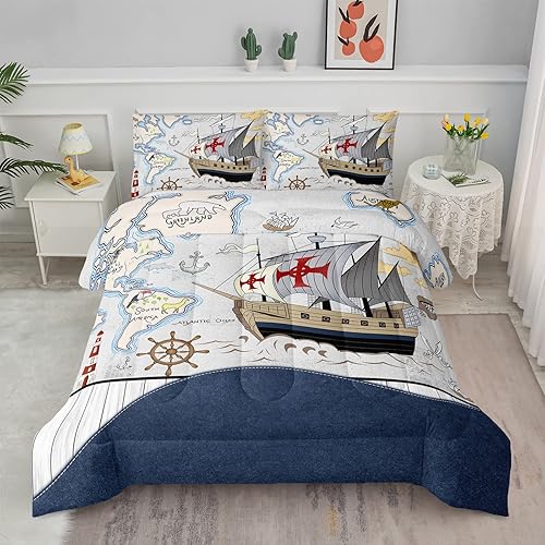 Axolotl Juego de ropa de cama náutica tamaño individual, cama de barco náutico, cama de mapa del mundo oceánico, juego de edredón con temática de