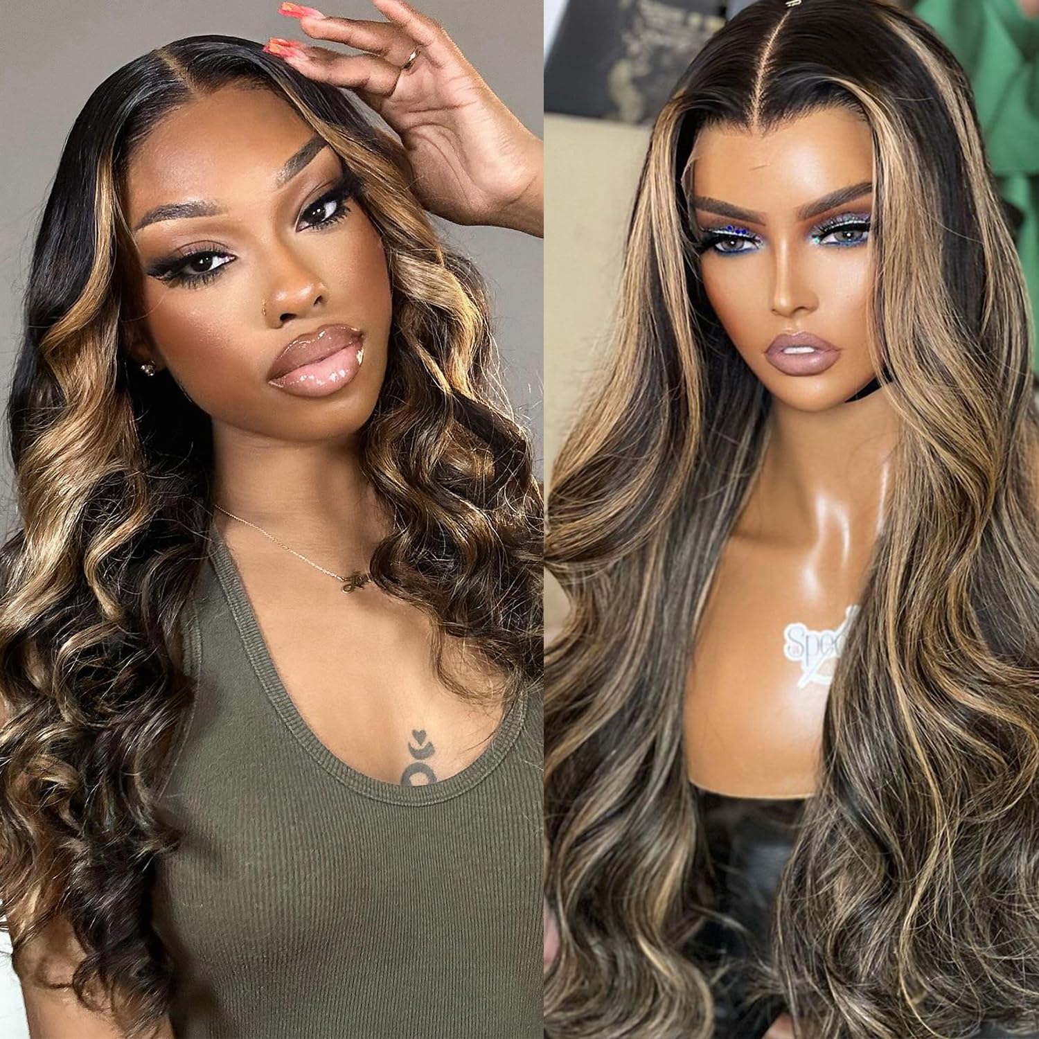 Aveiyce 13x6 1b/27 Highlight Ombre Balayage Lace Front Wigs Human Hair Black and Blonde Body Wave HD Lace Frontal Wig Pre Plucked with Baby Hair for