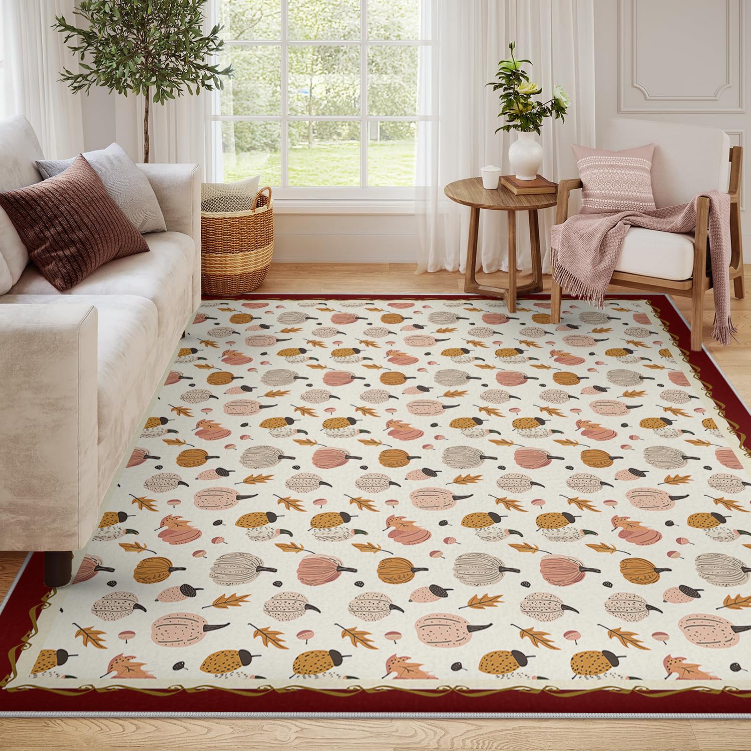 Cartone animato Autumn Pumpkin Area Carpet 140x180cm Foglie arancioni rosa su bordo color crema rosso Tappeto a pelo basso lavabile per l'arredamento autunnale del soggiorno cucina e della nursery