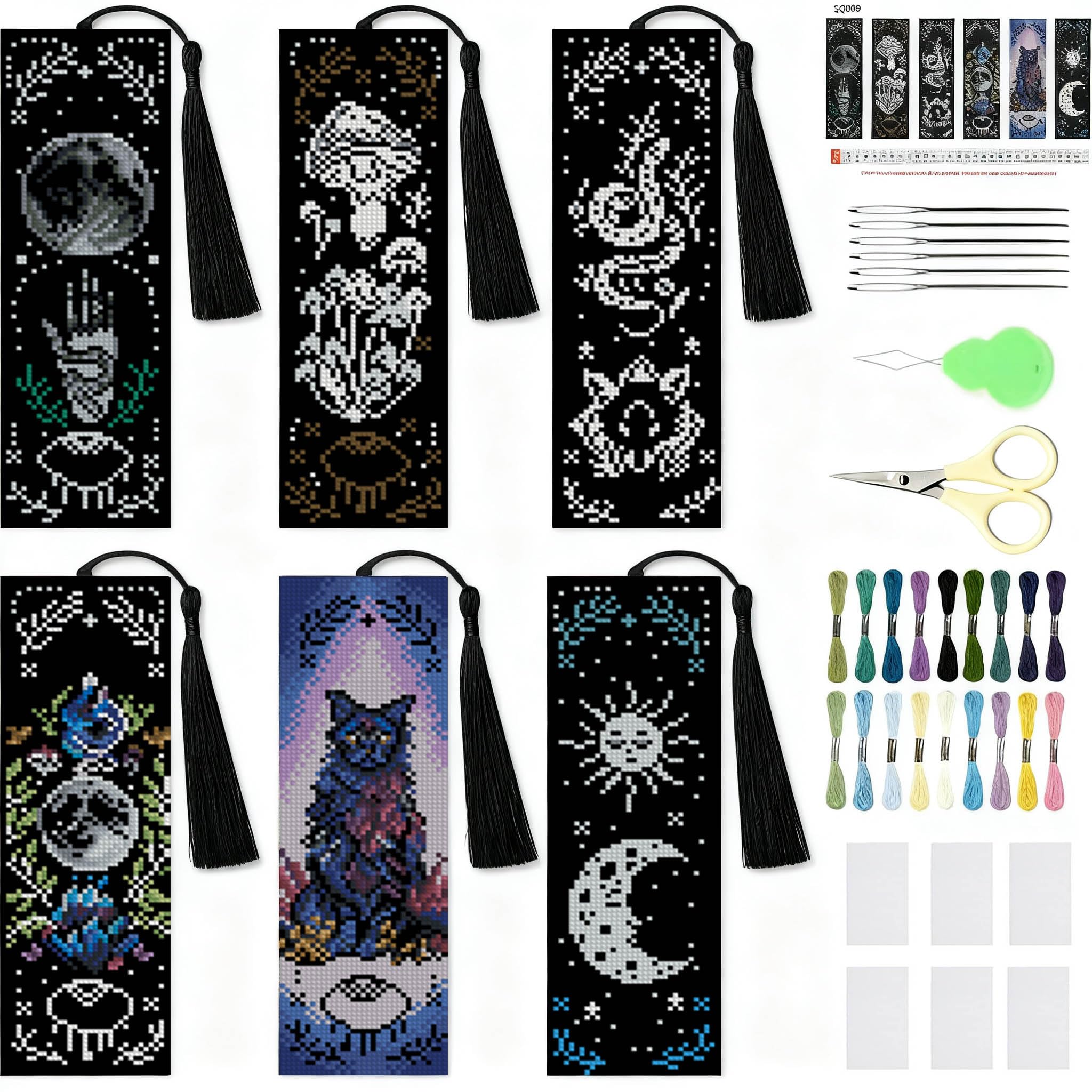 Jakener Cross-Stitch Bookmark-5 6 Pcs Magical Witchy Cross Stitch Bookmark Kit For Adult Beginners,Cross Stitch Kits 14 Ct Diy Crossstitch Kits Adult Stamped Bookmark Embroidery Bookmarks Kit