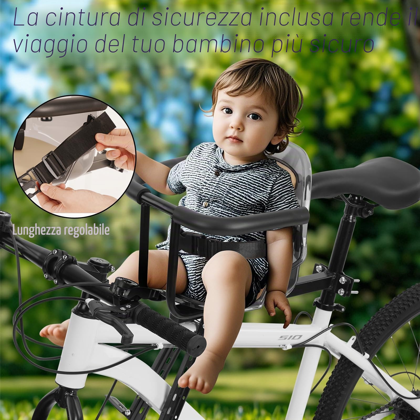 Seggiolino da Bici per Bambini, con Supporto Anteriore, con Cintura di Sicurezza e corrimano, Compatibile con Bici per Adulti
