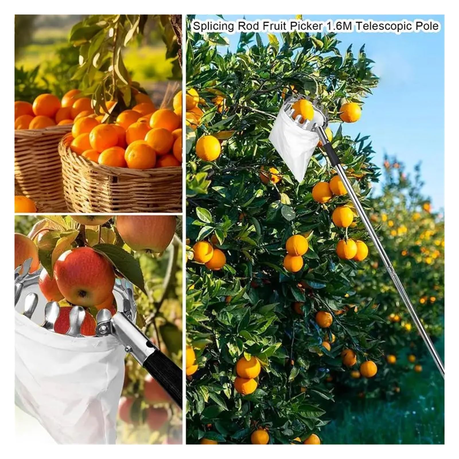Leichter Baum-Erntehelfer, Obstpflücker, Teleskopgreifer, Greifer, rostfrei, silberfarben, for Eichel, Zitrone, Birne, Mango