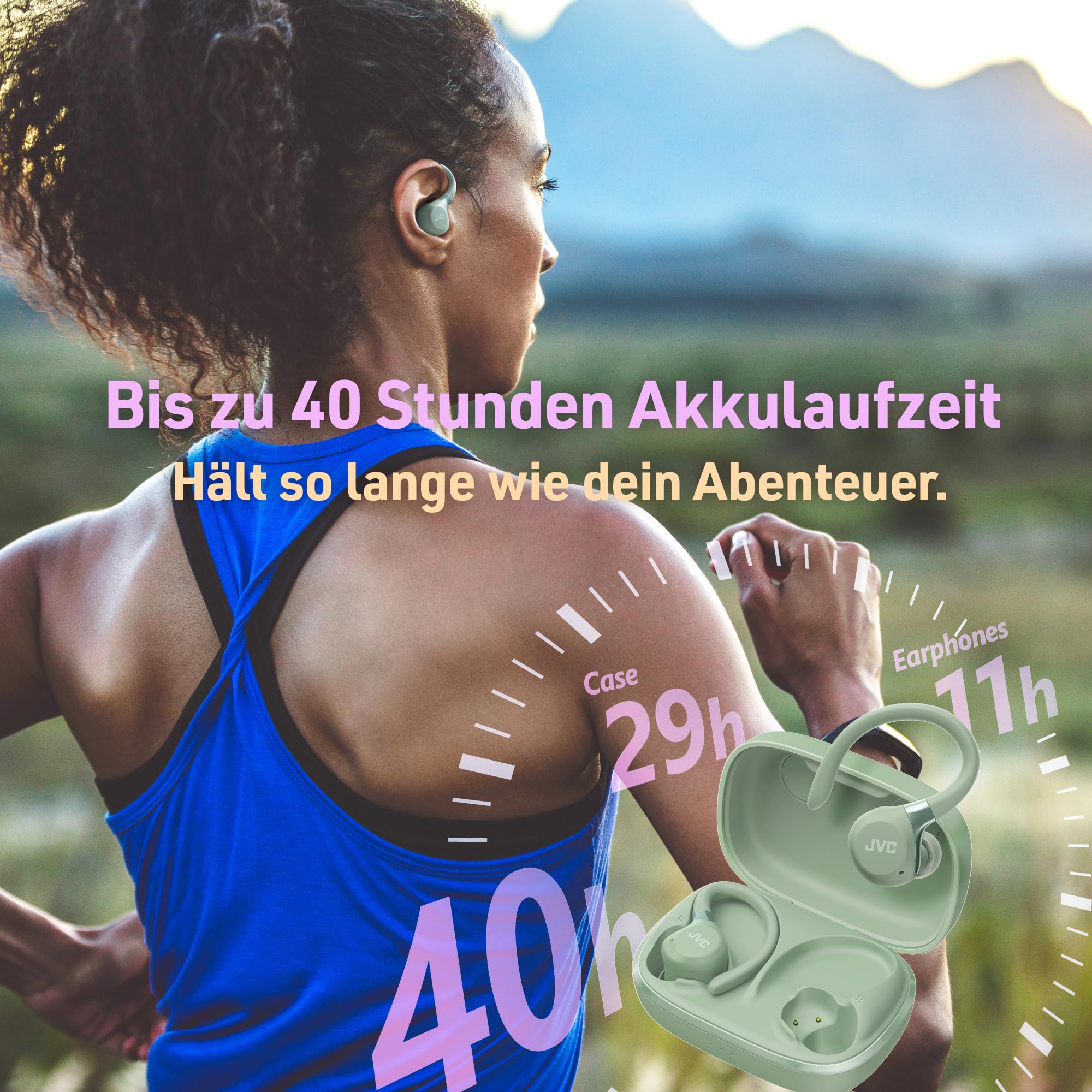 Fitness Series True Wireless Sport-Kopfhörer mit verstellbaren Bügeln, Active Noise Cancelling, Umgebungsmodus, IP57, 40 Std. Akkulaufzeit, App-EQ, geringe Latenz, Mikrofon – JVC HA-EC75T-G Grün