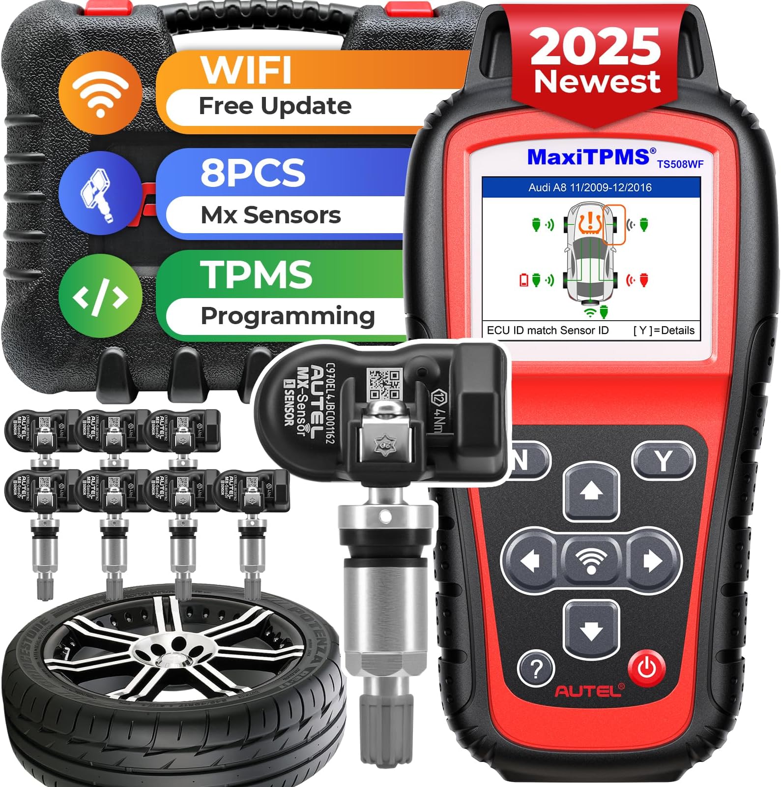 AutelMaxiTPMS TS508WF KIT TPMS Tool, 2024 New WiFi Version of TS508K/TS508/TS501/TS408, TPMS Programming Tool with 8PCS 315+433Mhz Metal MX-Sensors, TPMS Relearn, Enable, Diagnostic