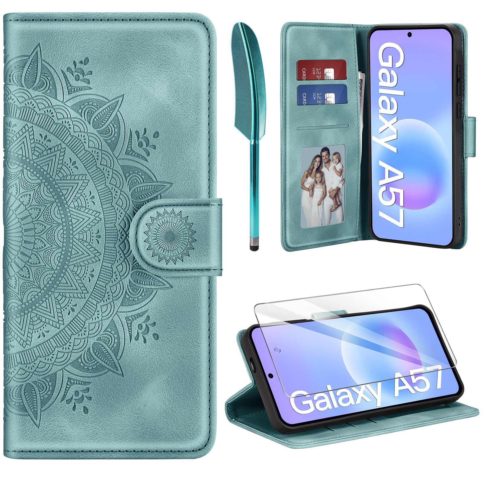 ivencase für Samsung Galaxy A57 5G Hülle und Schutzfolie, Grün | Premium Klappbar Handyhülle, Magnet, Kartenfach, Ständer, PU Leder, Flip Wallet Schutzhülle