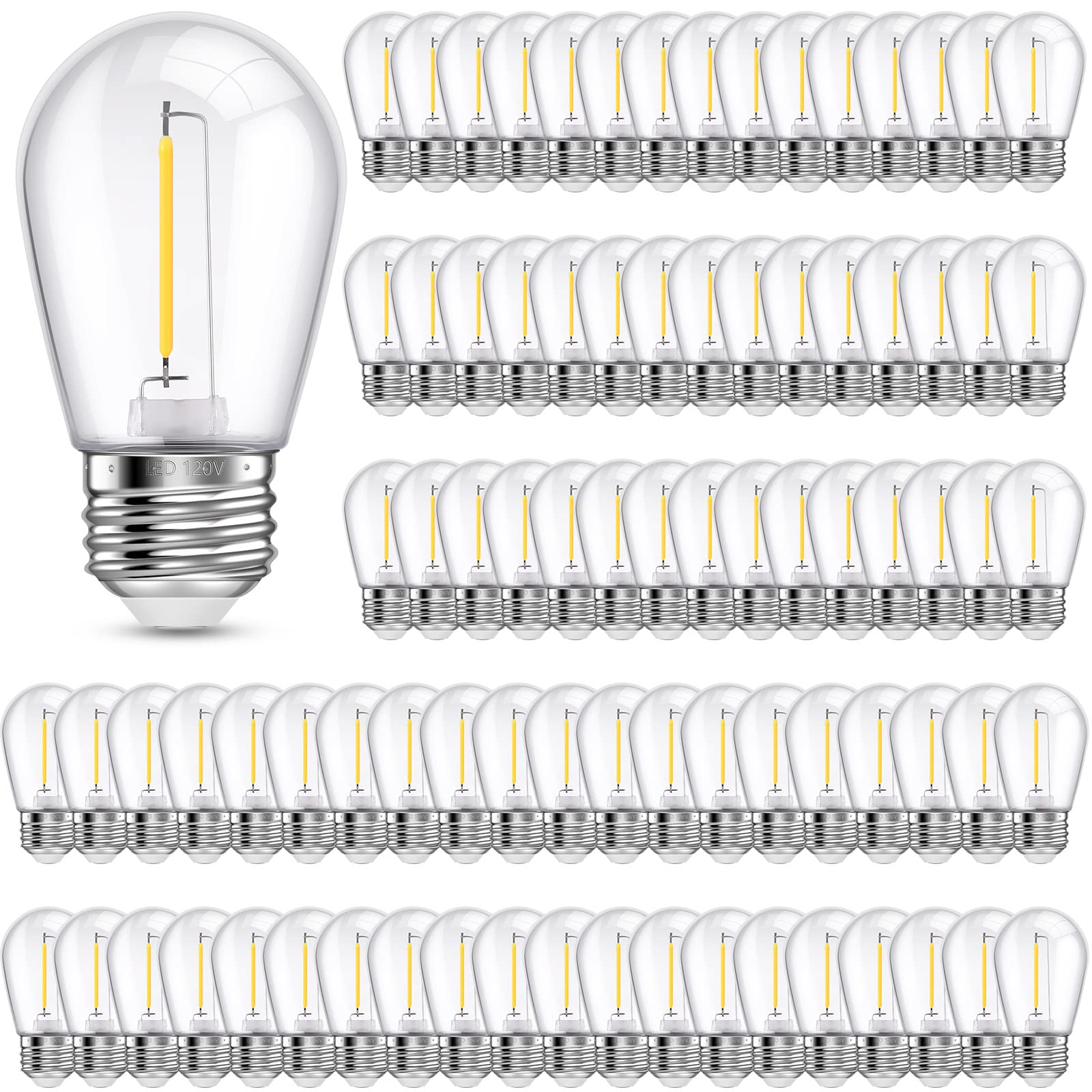 Photo 1 of S14 LED Replacement Light Bulbs Shatterproof Waterproof String Light Replacement Bulb 1w Outdoor LED Bulb Vintage Patio Light Bulb E26 Base 110v Plastic LED Filament Clear Bulb (Warm White, 100 Pcs) 100 Warm White