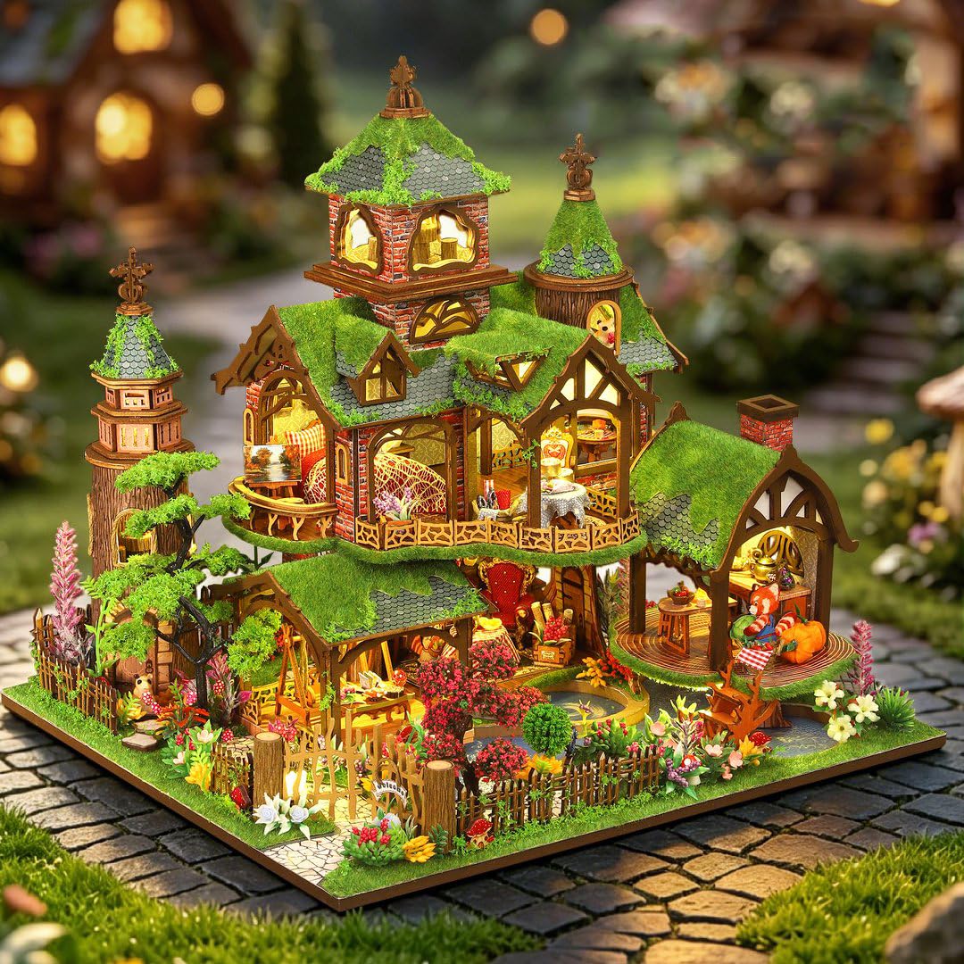 Casa de muñecas DIY en miniatura casa de madera con iluminación LED, tema del castillo del bosque, música, rompecabezas de madera 3D estantería (con tapa antipolvo)